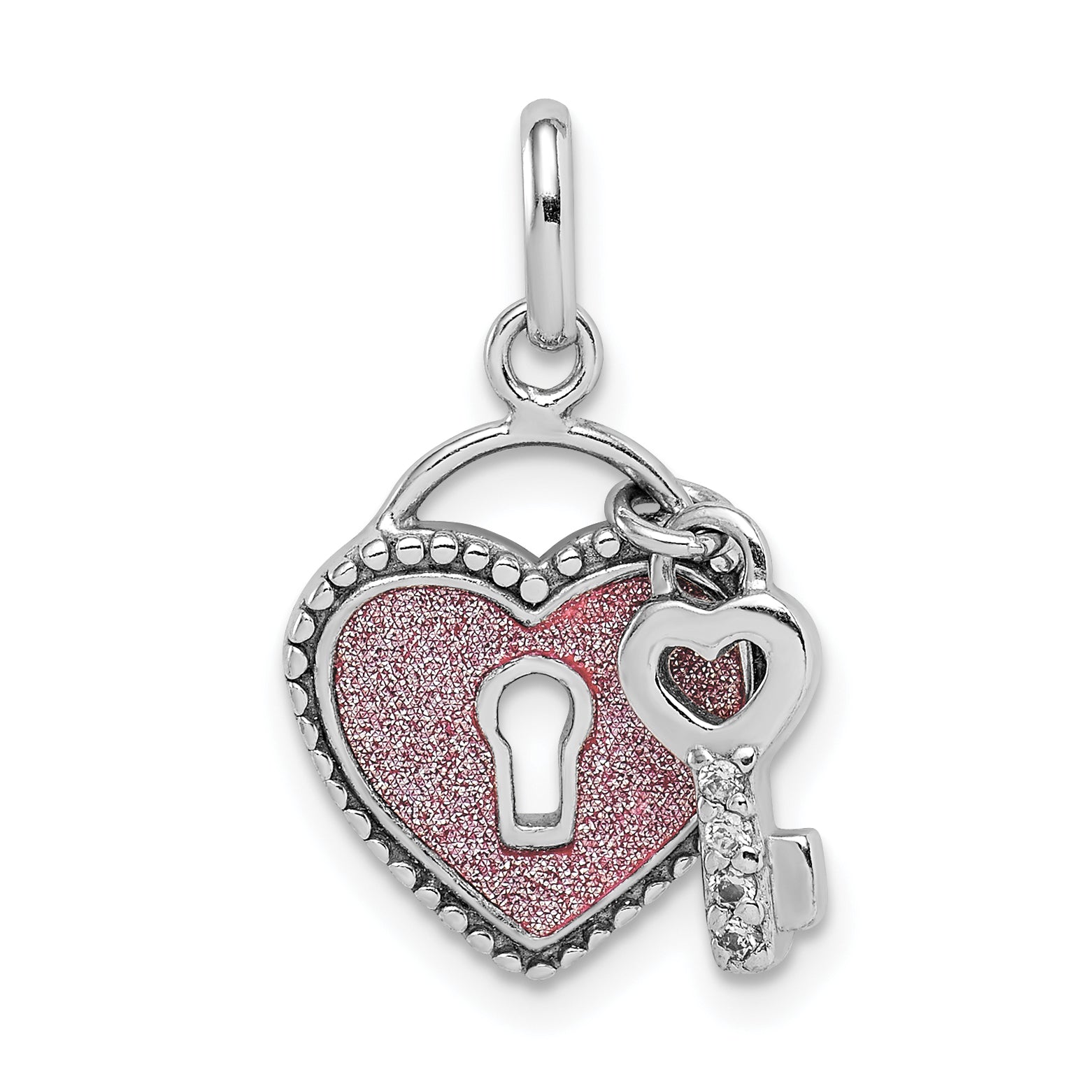 Sterling Silver Rhodium-plated Glitter Infused Heart and Key Pendant Main image