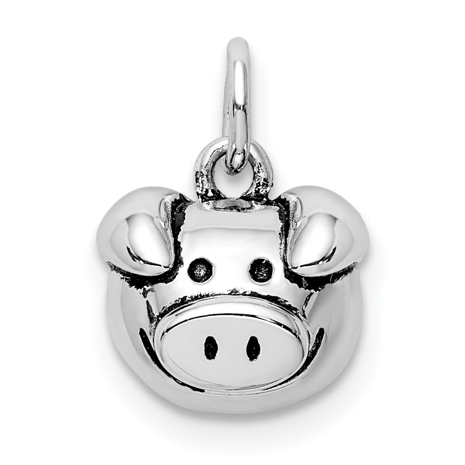 Sterling Silver Rhodium-plated Antiqued Pig Head Pendant Main image