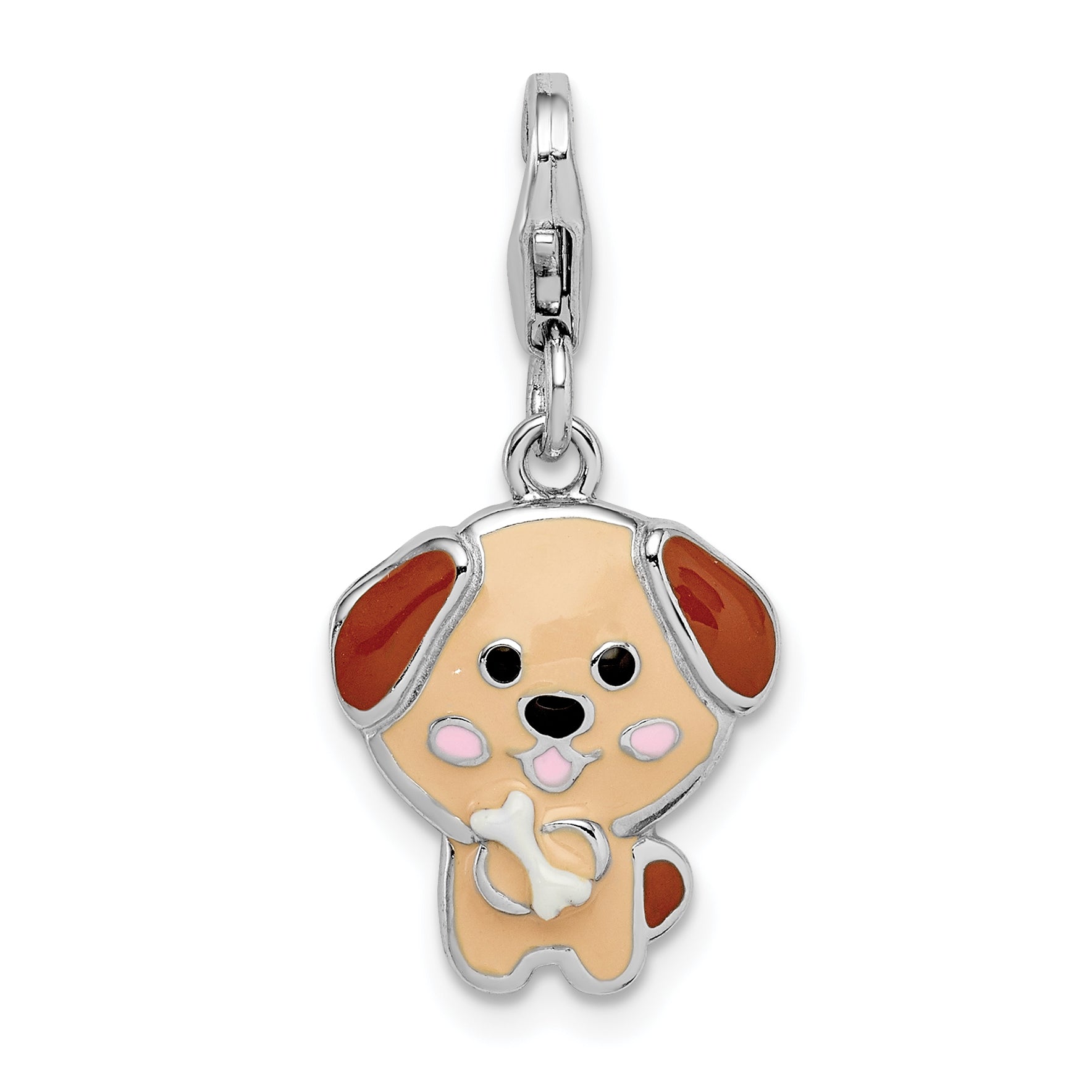 Sterling Silver Rhodium-plated Enameled Puppy w/Lobster Clasp Charm Main image
