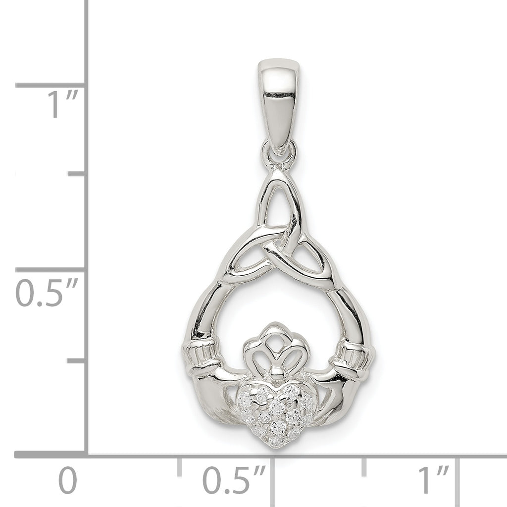 Sterling Silver Polished CZ Claddagh w/Trinity Knot Pendant