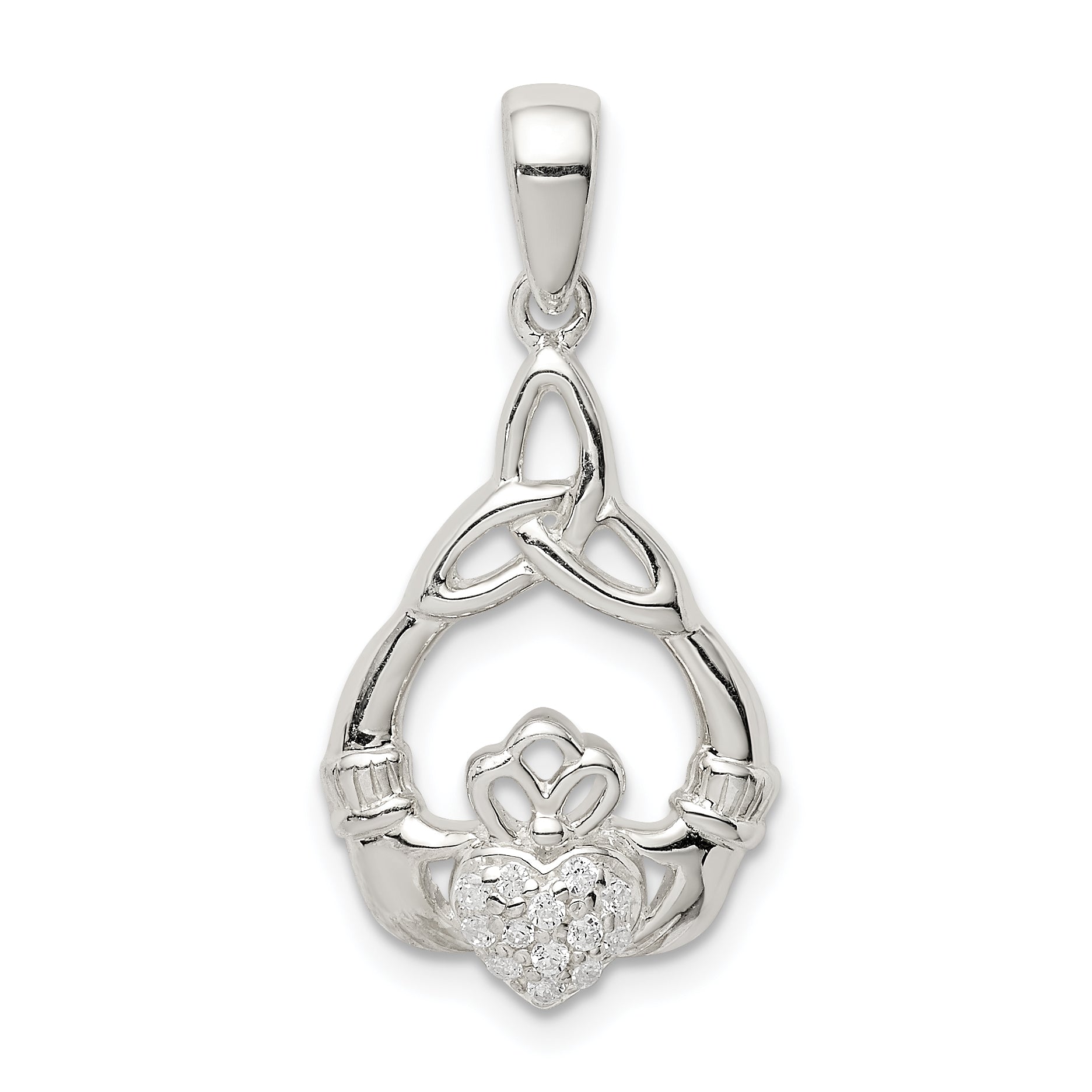 Sterling Silver Polished CZ Claddagh w/Trinity Knot Pendant Main image