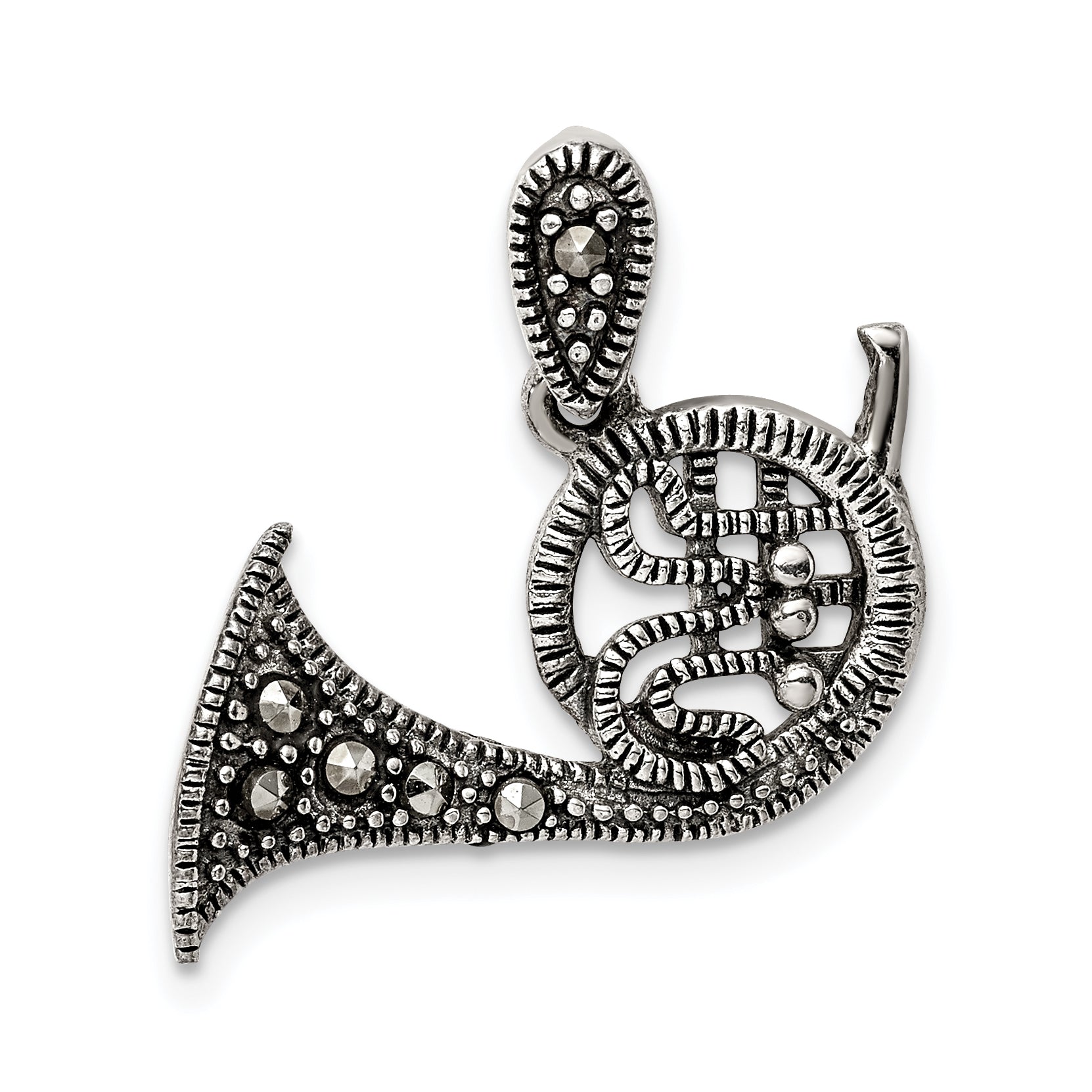 Sterling Silver Antiqued Marcasite French Horn Pendant Main image