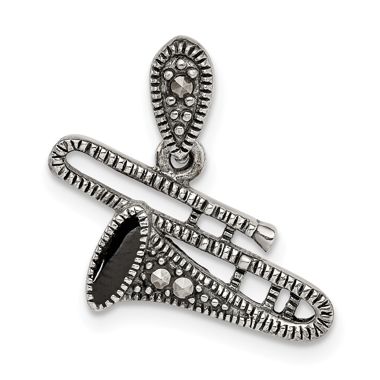 Sterling Silver Antiqued Marcasite & Black Epoxy Trombone Pendant Main image