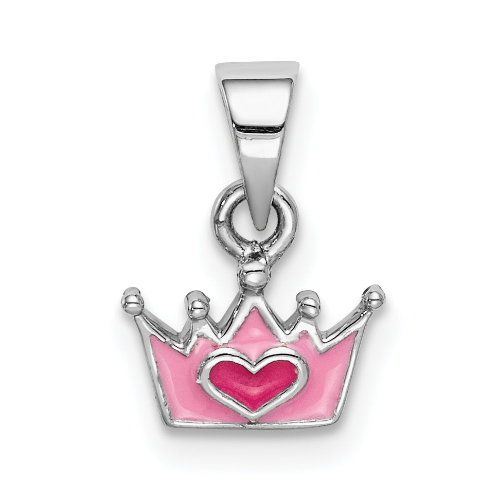 Sterling Silver RH-plated Pink Enameled Heart Crown Children's Pendant Main image