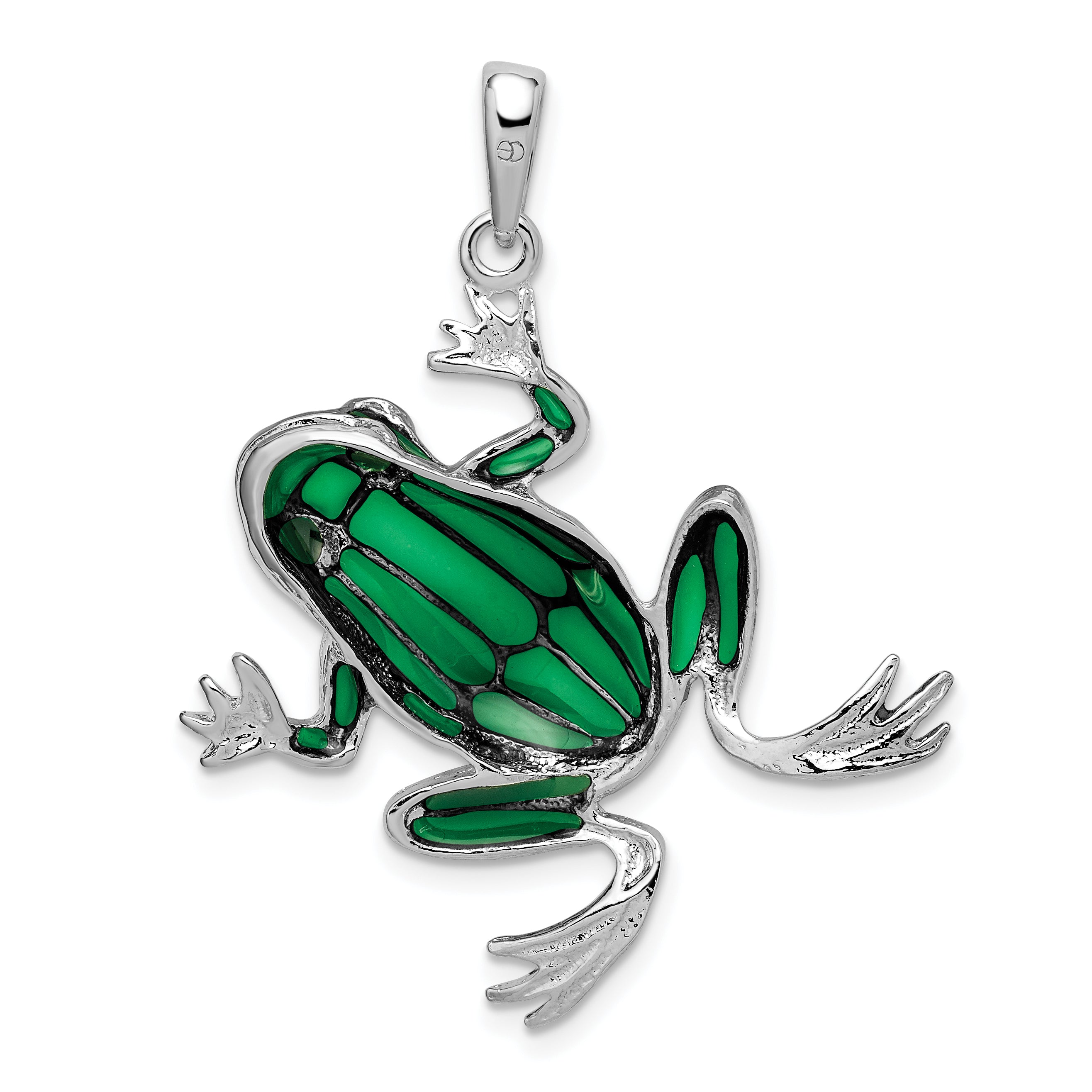 De-Ani Sterling Silver Rhodium-Plated Polished Enameled Green Frog Pendant