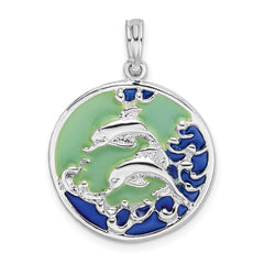 De-Ani Sterling Silver Rhodium-Plated Polished Enameled Dolphins Pendant