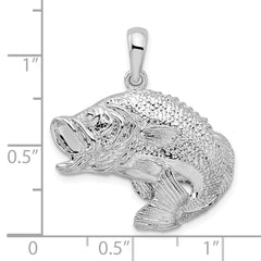 925 Sterling Silver Rhodium-Plated Jumping Bass Fish Pendant  Polished & Textured