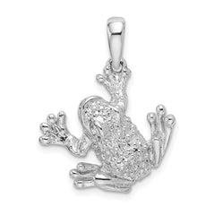 De-Ani Sterling Silver Rhodium-Plated Polished and Textured Frog Hanging by Leg Pendant