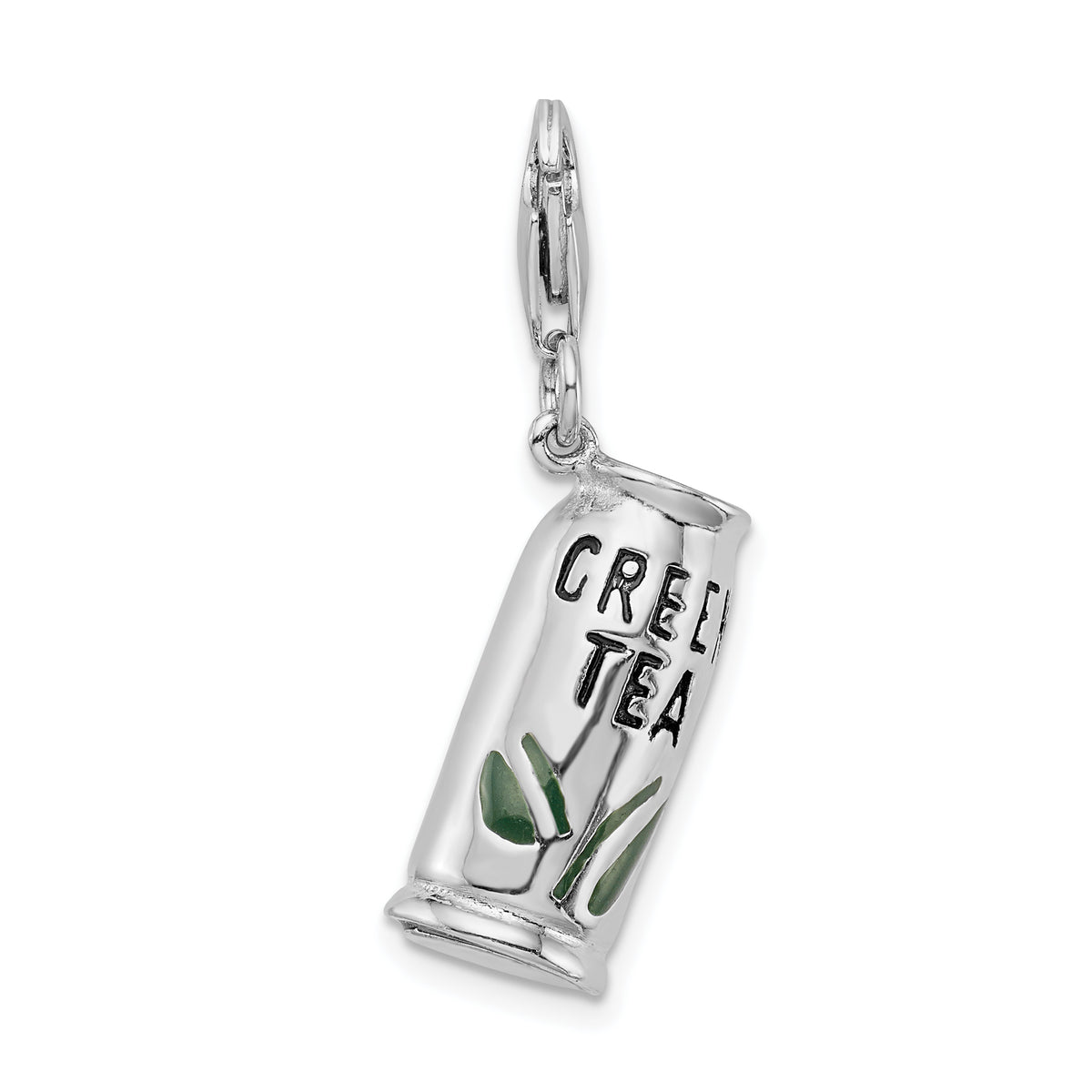 Amore La Vita Sterling Silver Rhodium-plated Polished 3-D Enameled Green Tea Beverage Charm with Fancy Lobster Clasp