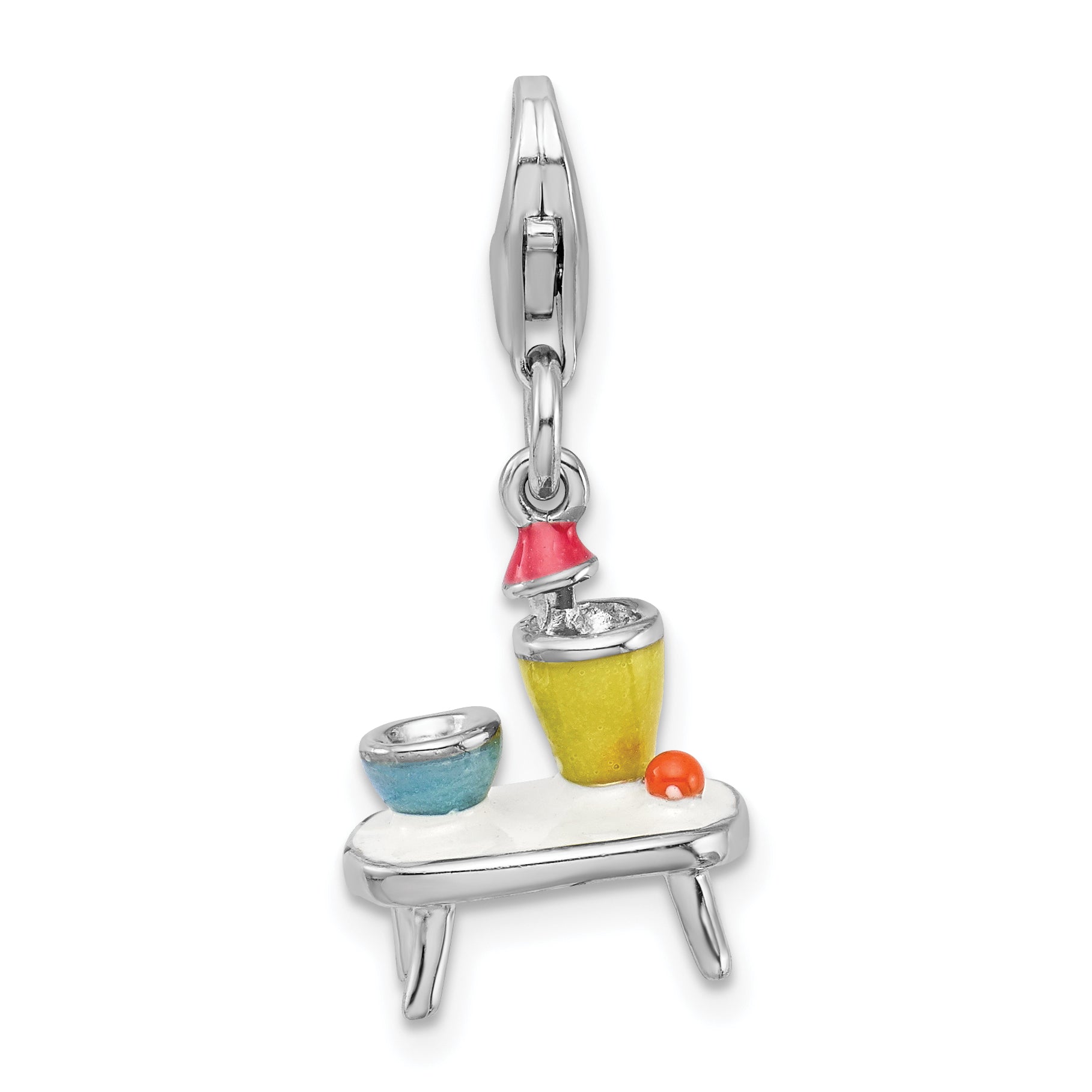 Amore La Vita Sterling Silver Rhodium-plated Polished 3-D Enameled Table and Bowls Charm with Fancy Lobster Clasp Main image