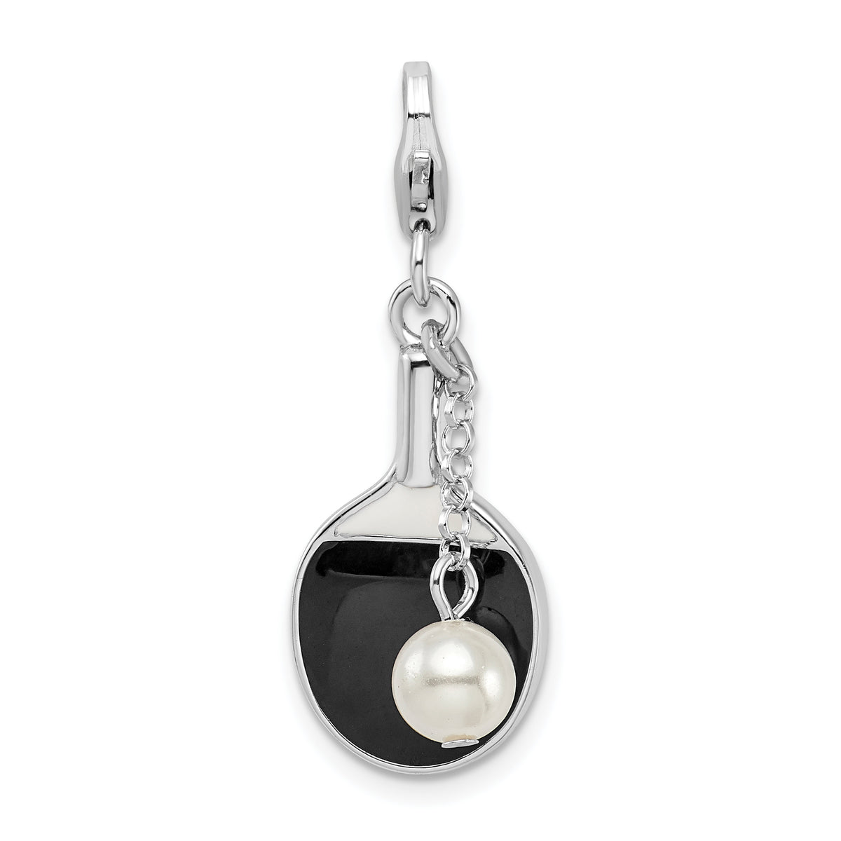 Amore La Vita Sterling Silver Rhodium-plated Polished Moveable Enameled Imitation Pearl Paddle Charm with Fancy Lobster Clasp