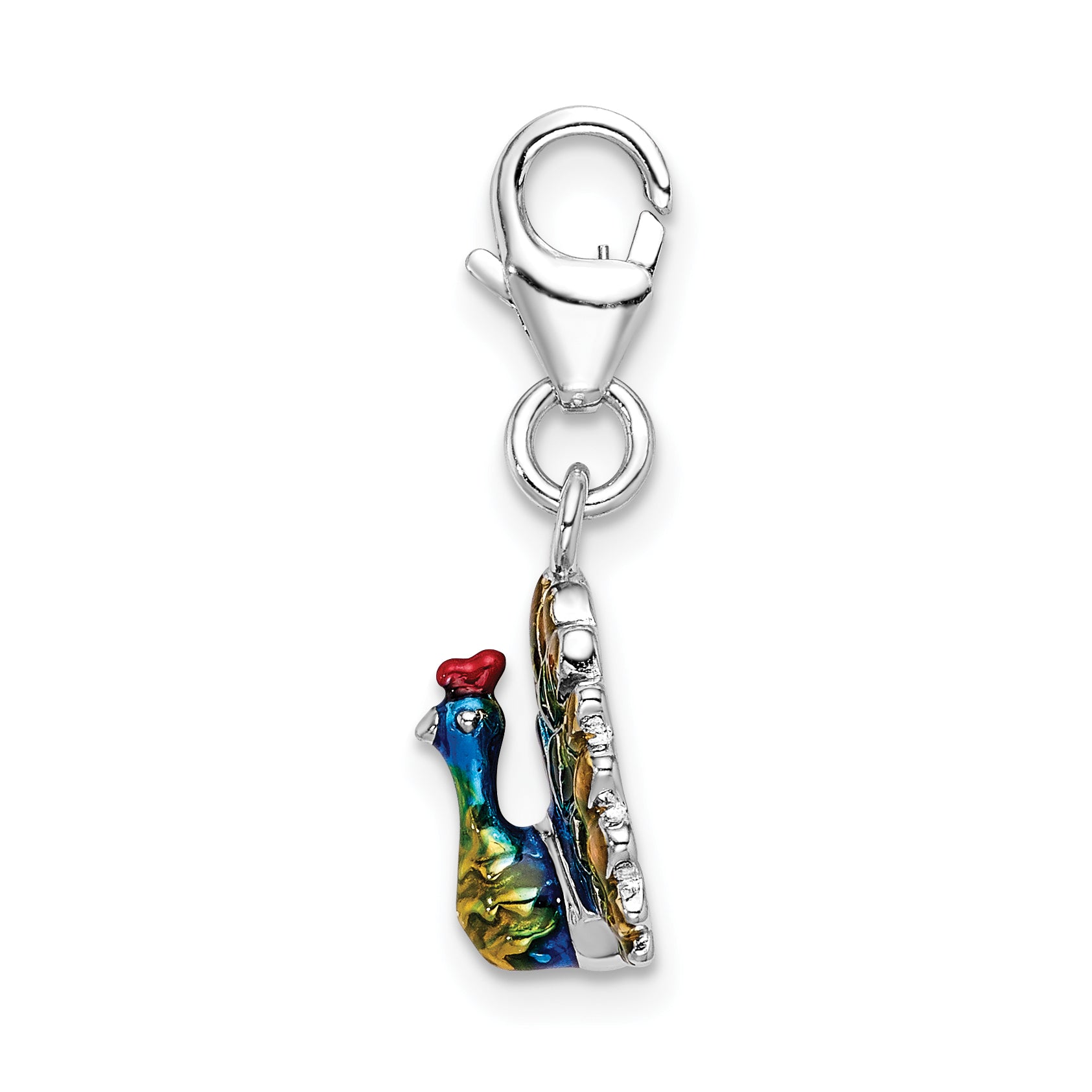Sterling Silver Enamel Peacock Charm with Rhodium Plating Elegant Jewelry Piece