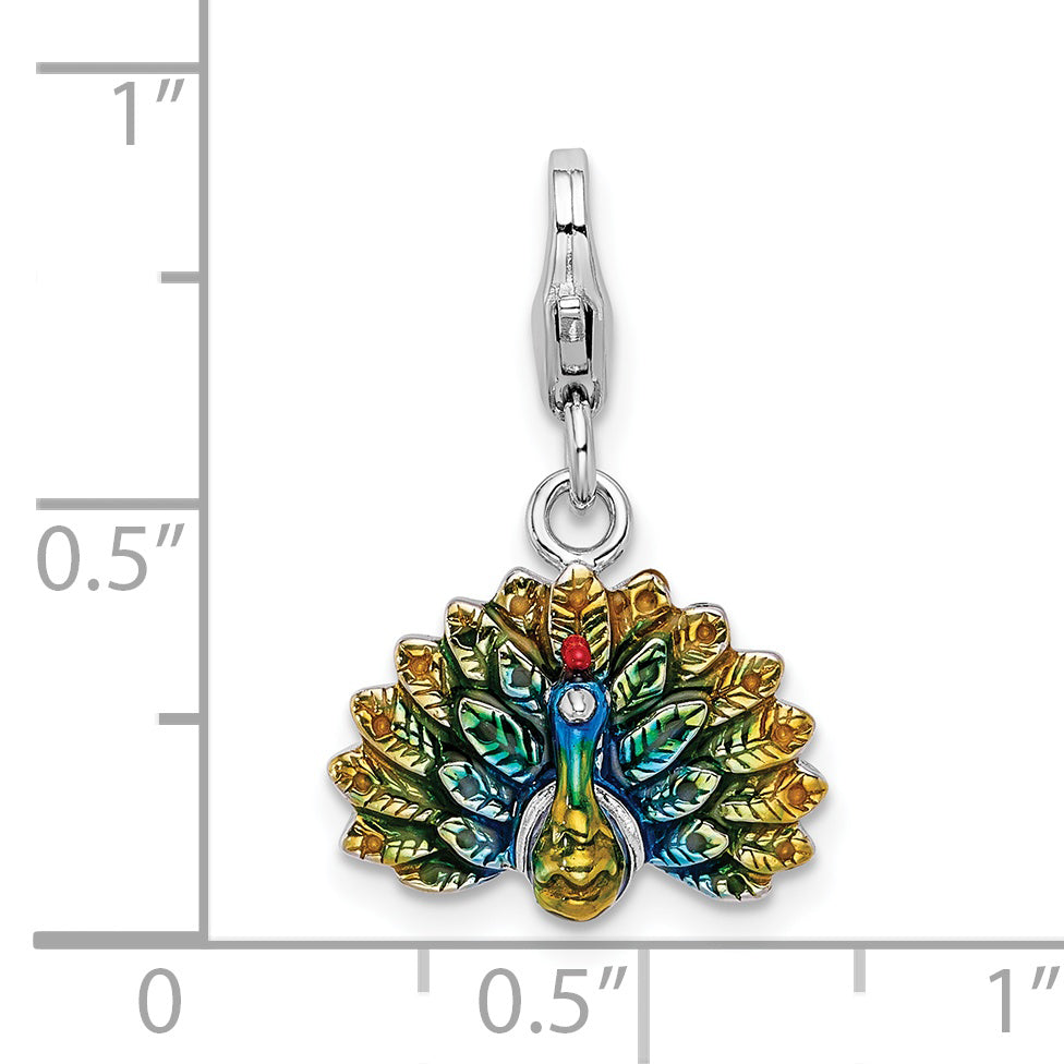 Sterling Silver Enamel Peacock Charm with Rhodium Plating Elegant Jewelry Piece