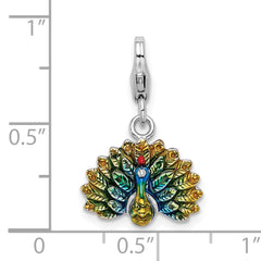 Sterling Silver Enamel Peacock Charm with Rhodium Plating Elegant Jewelry Piece