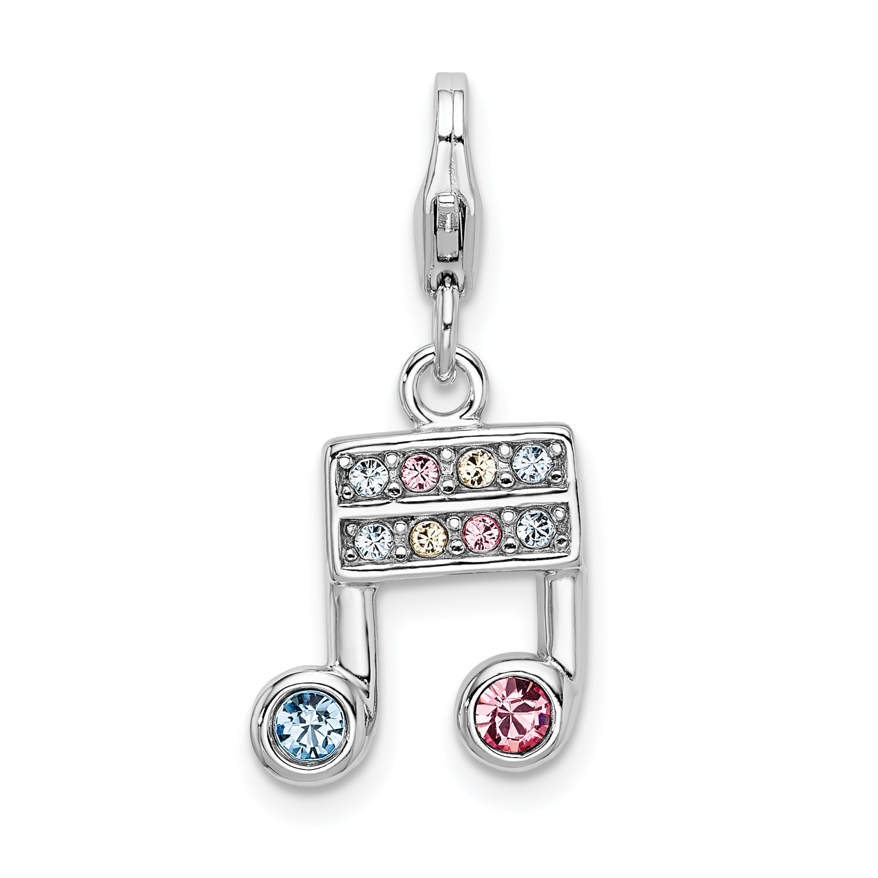 Amore La Vita Sterling Silver Rhodium-plated Polished Pink Blue and Yellow Crystal From Swarovski Music Note Charm with Fancy Lobster Clasp