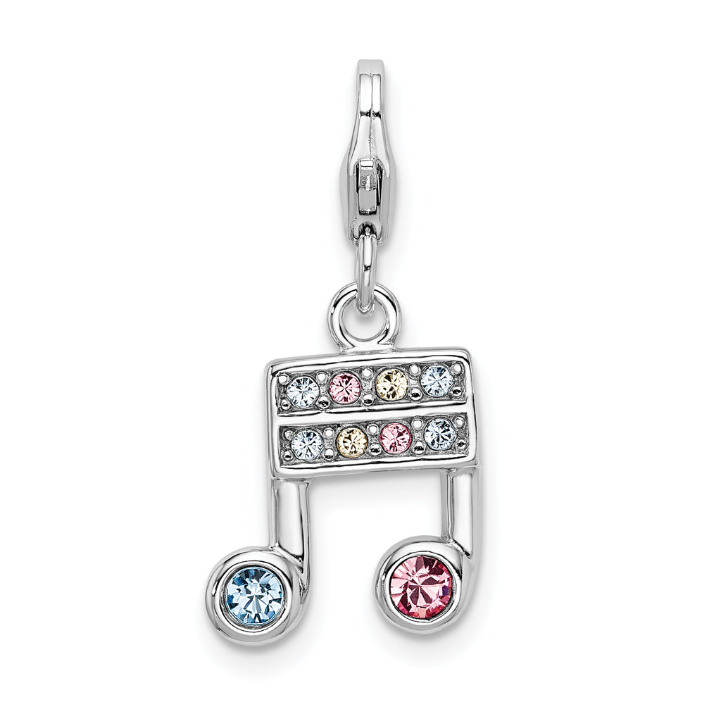 Amore La Vita Sterling Silver Rhodium-plated Polished Pink Blue and Yellow Crystal From Swarovski Music Note Charm with Fancy Lobster Clasp