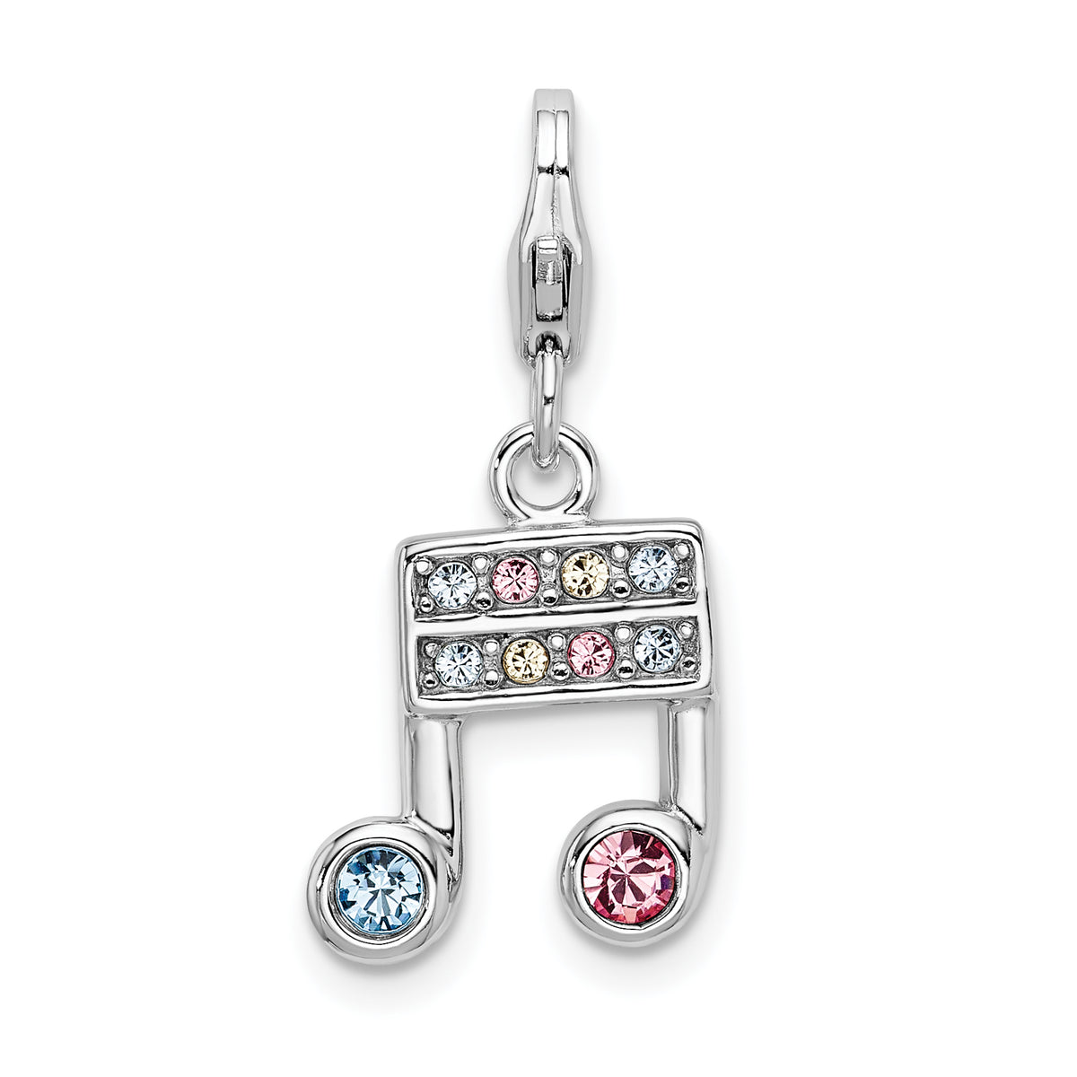 Amore La Vita Sterling Silver Rhodium-plated Polished Pink Blue and Yellow Crystal From Swarovski Music Note Charm with Fancy Lobster Clasp