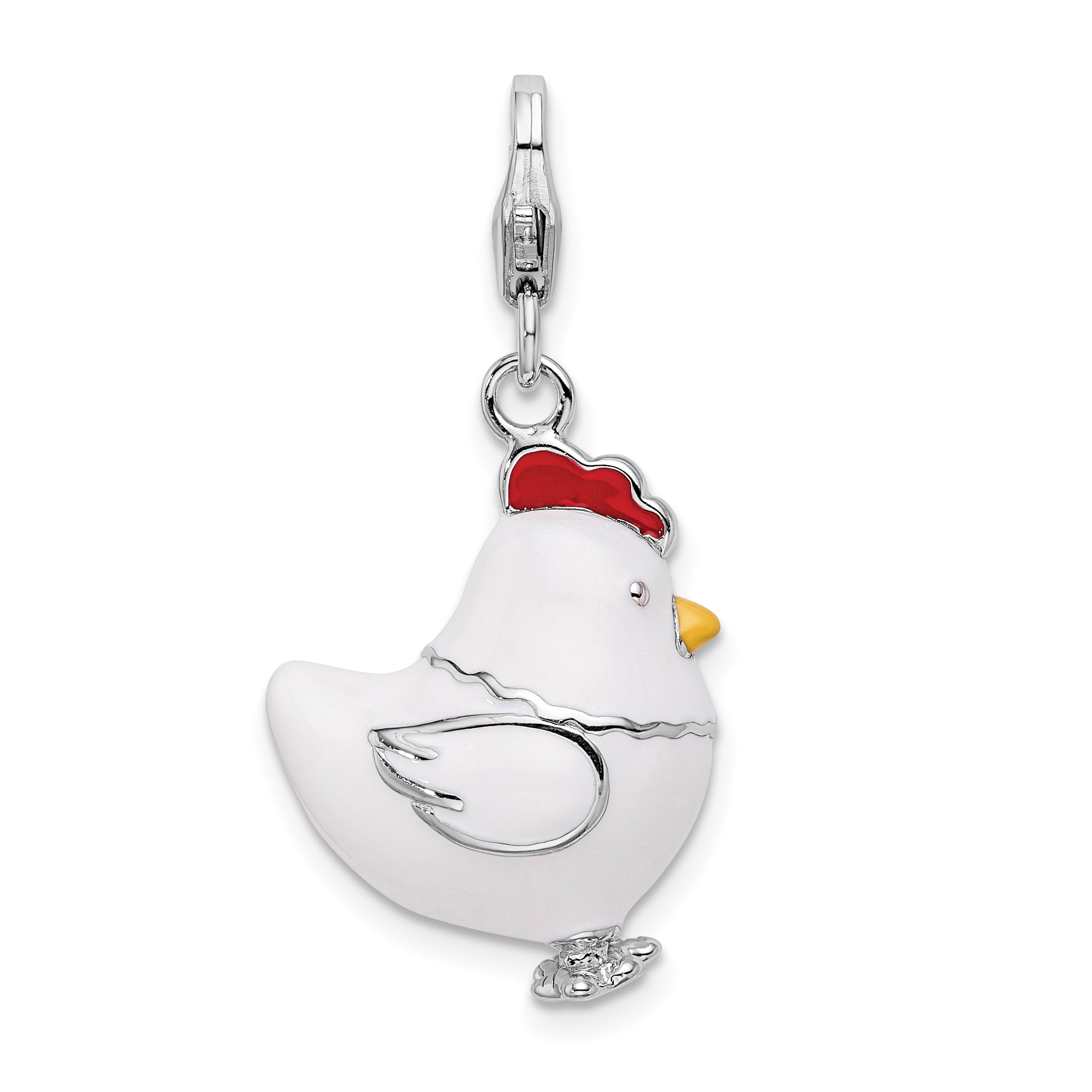 Amore La Vita Sterling Silver Rhodium-plated Polished 3-D Enameled Chicken Charm with Fancy Lobster Clasp Main image