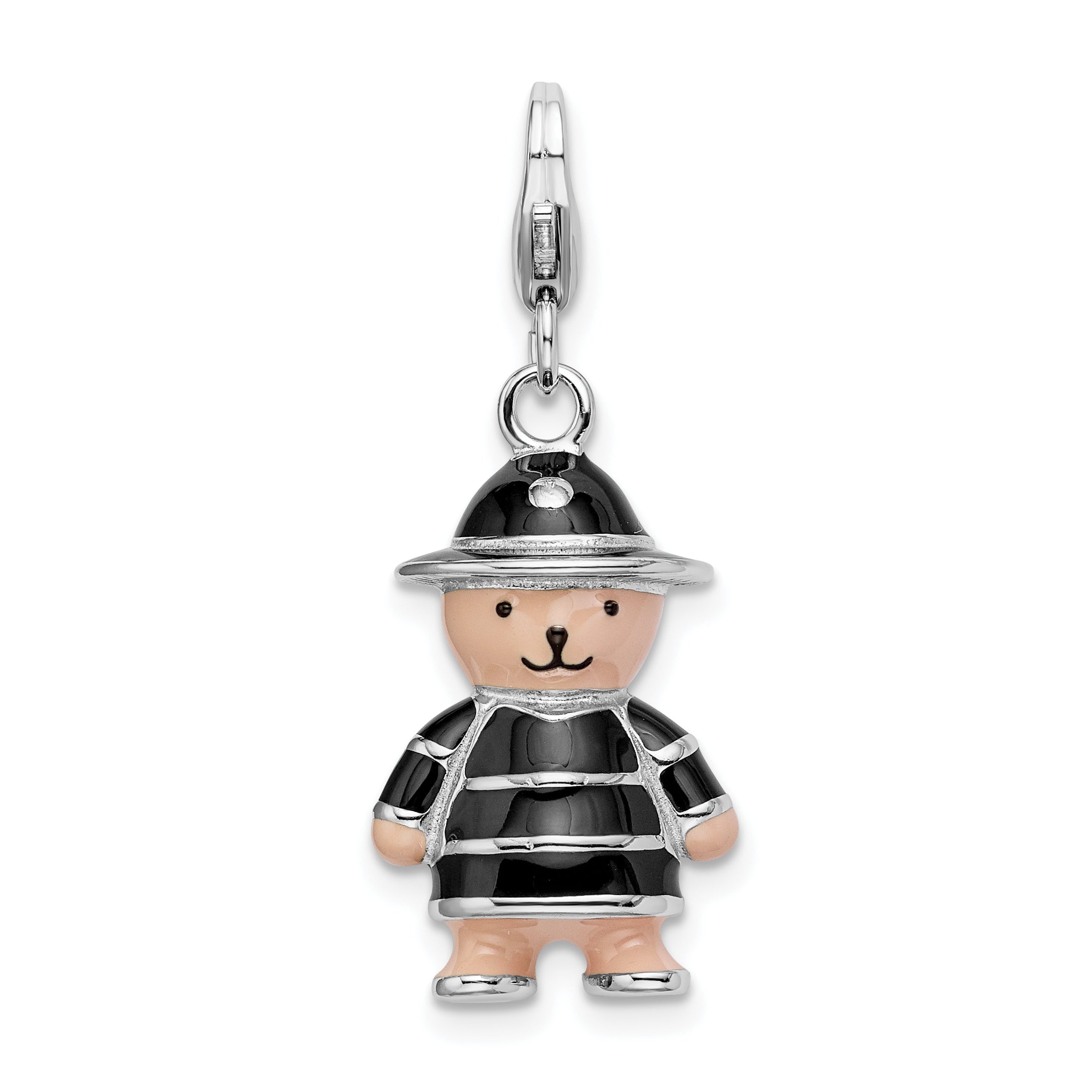 Amore La Vita Sterling Silver Rhodium-plated Polished 3-D Enameled Teddy Bear in Black Hat and Coat Charm with Fancy Lobster Clasp Main image