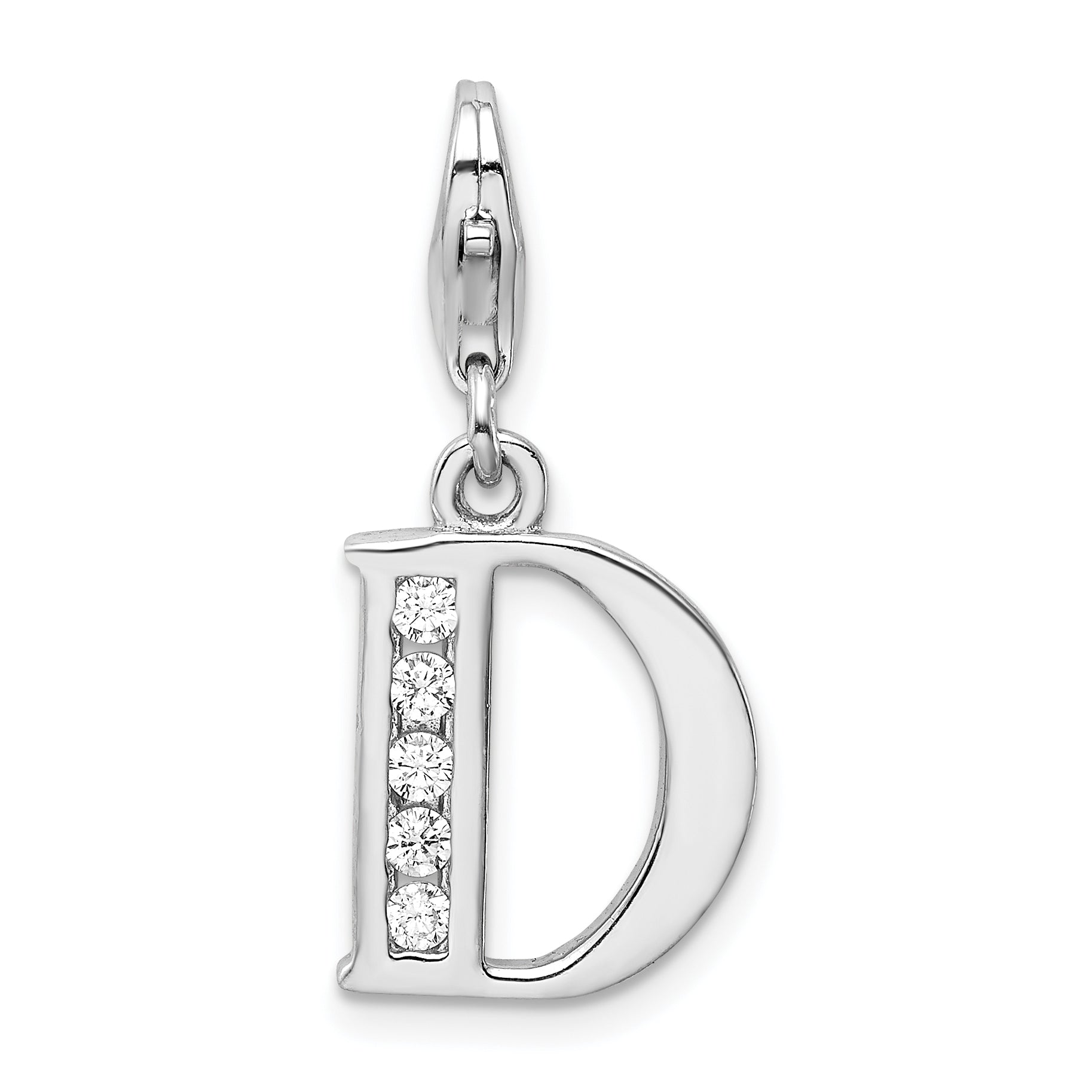 Amore La Vita Sterling Silver Rhodium-plated Polished CZ Letter D Initial Charm with Fancy Lobster Clasp Main image