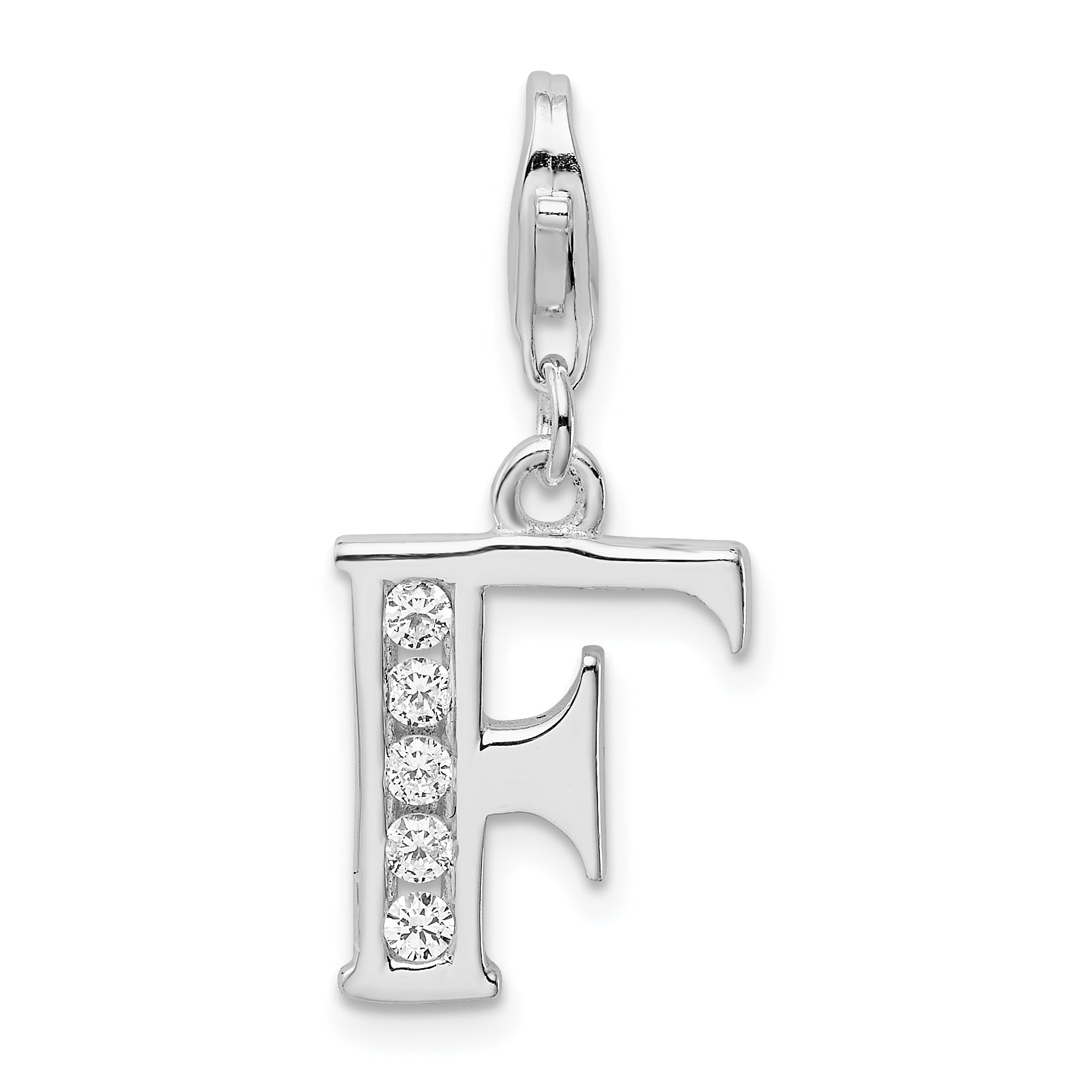 Amore La Vita Sterling Silver Rhodium-plated Polished CZ Letter F Initial Charm with Fancy Lobster Clasp Main image