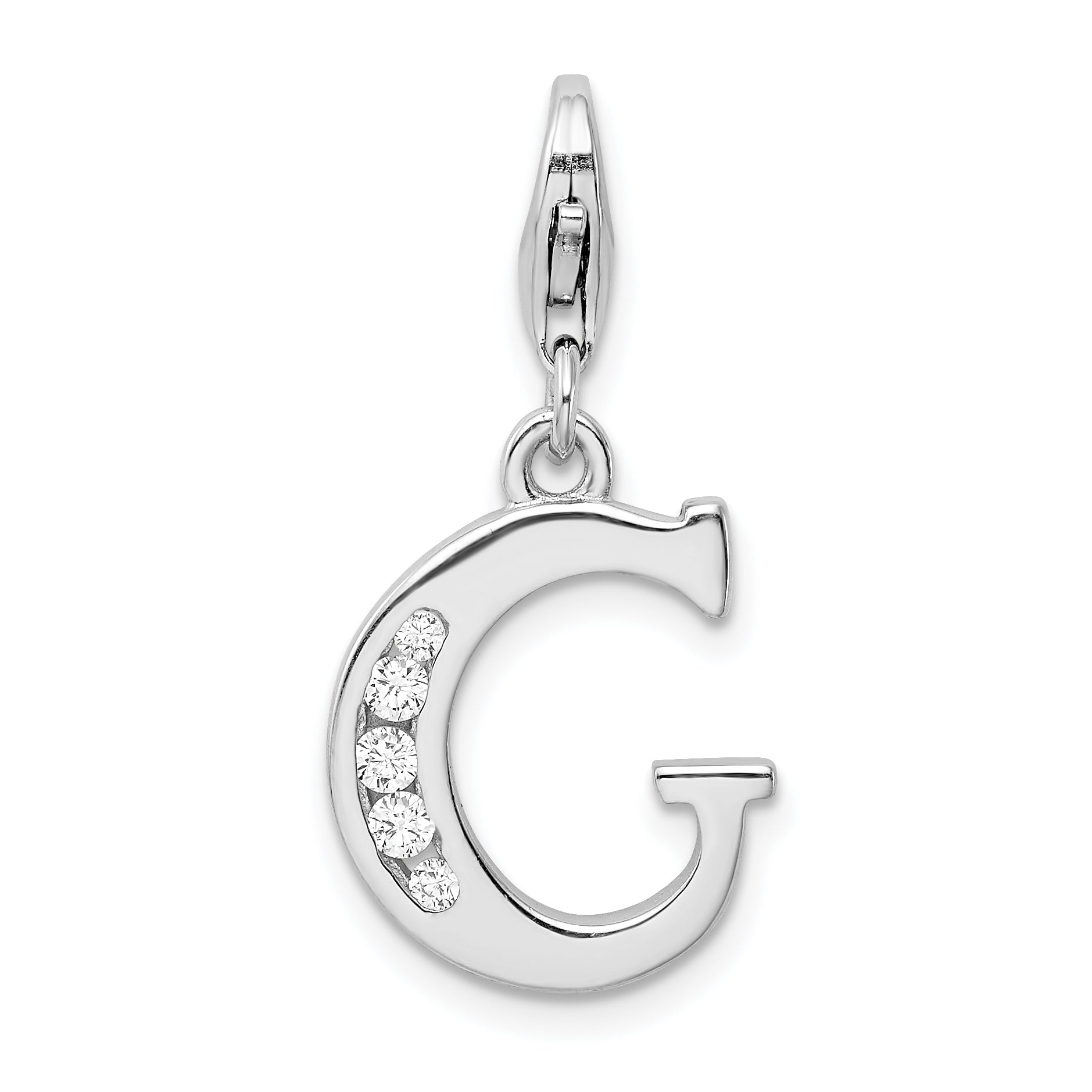 Amore La Vita Sterling Silver Rhodium-plated Polished CZ Letter G Initial Charm with Fancy Lobster Clasp Main image