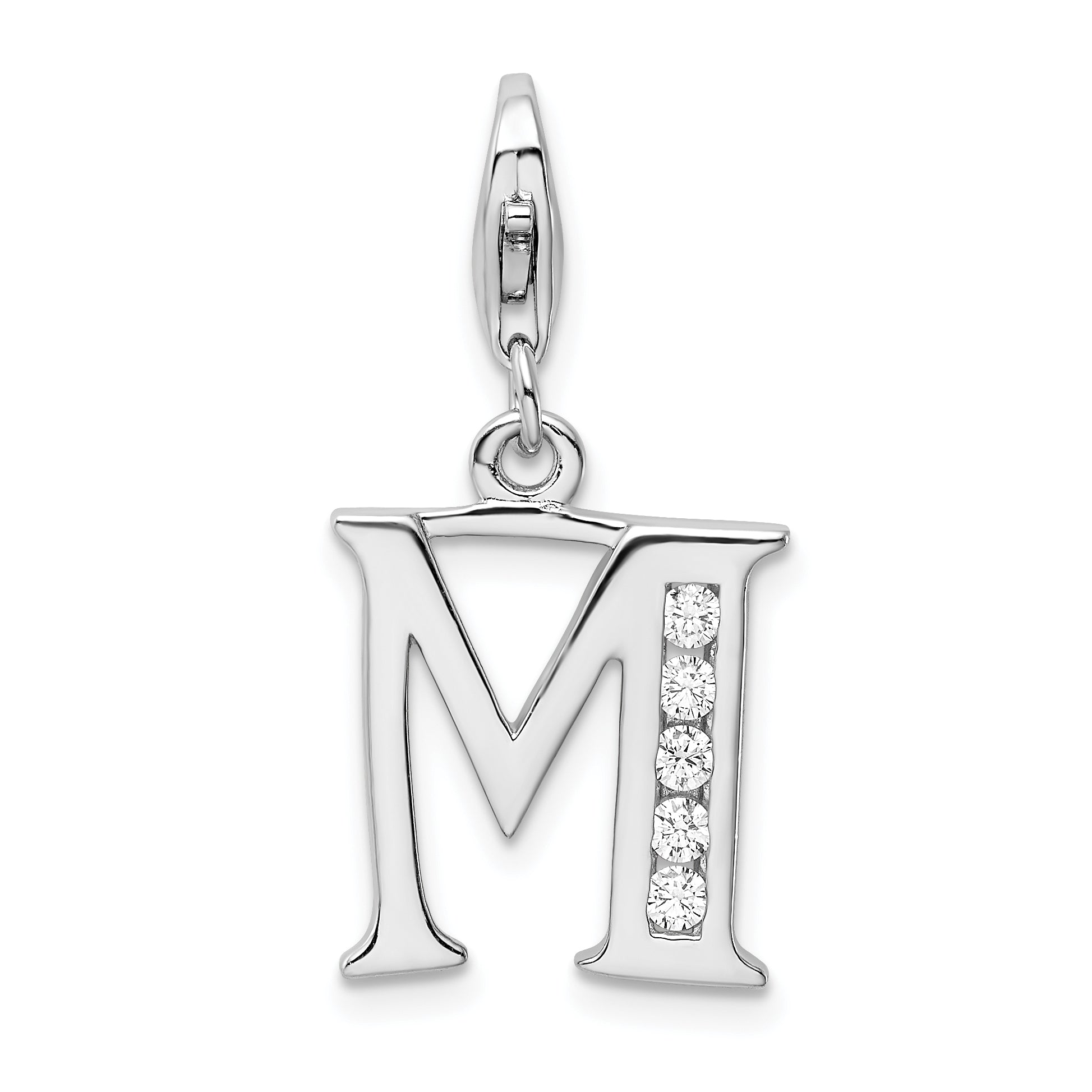 Amore La Vita Sterling Silver Rhodium-plated Polished CZ Letter M Initial Charm with Fancy Lobster Clasp Main image