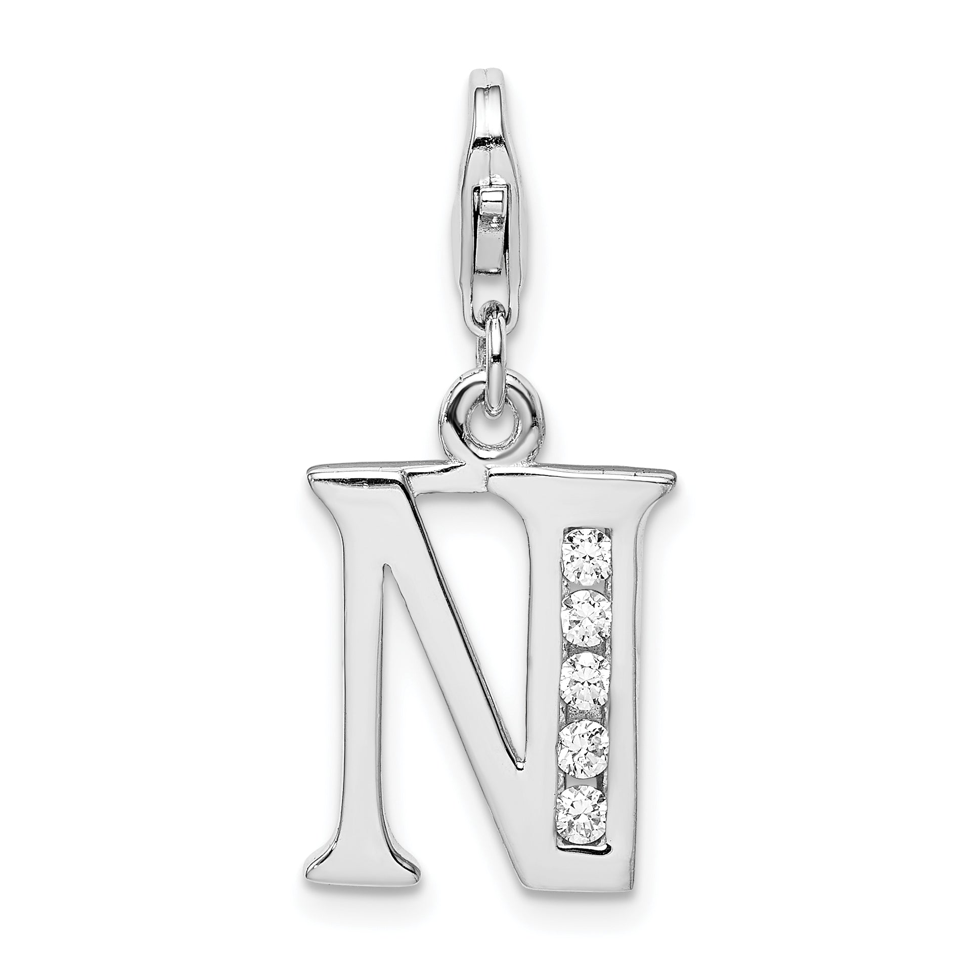 Amore La Vita Sterling Silver Rhodium-plated Polished CZ Letter N Initial Charm with Fancy Lobster Clasp
