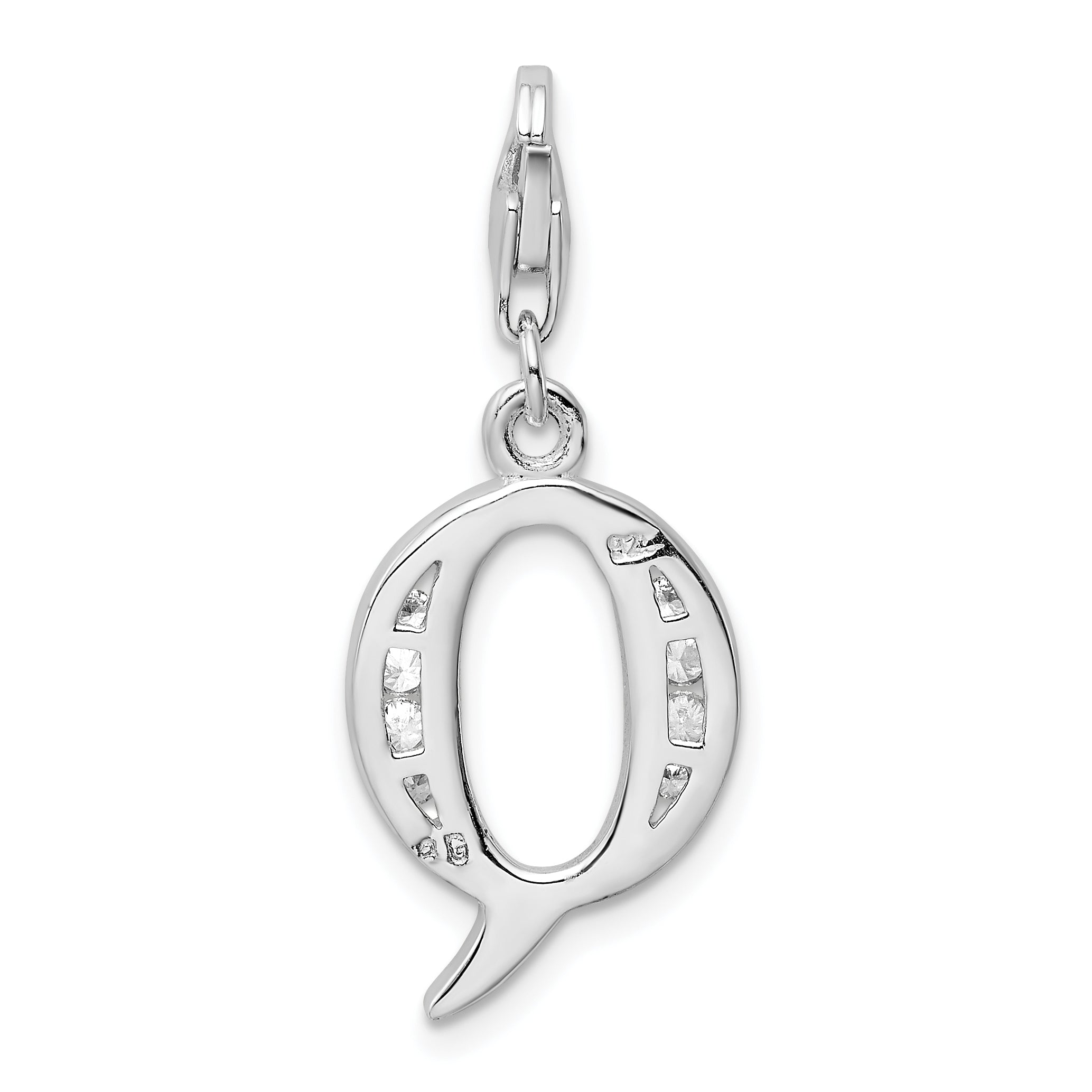 Sterling Silver CZ Initial Q Charm with Rhodium Finish