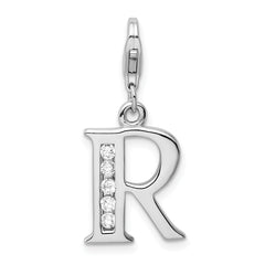 Amore La Vita Sterling Silver Rhodium-plated Polished CZ Letter R Initial Charm with Fancy Lobster Clasp
