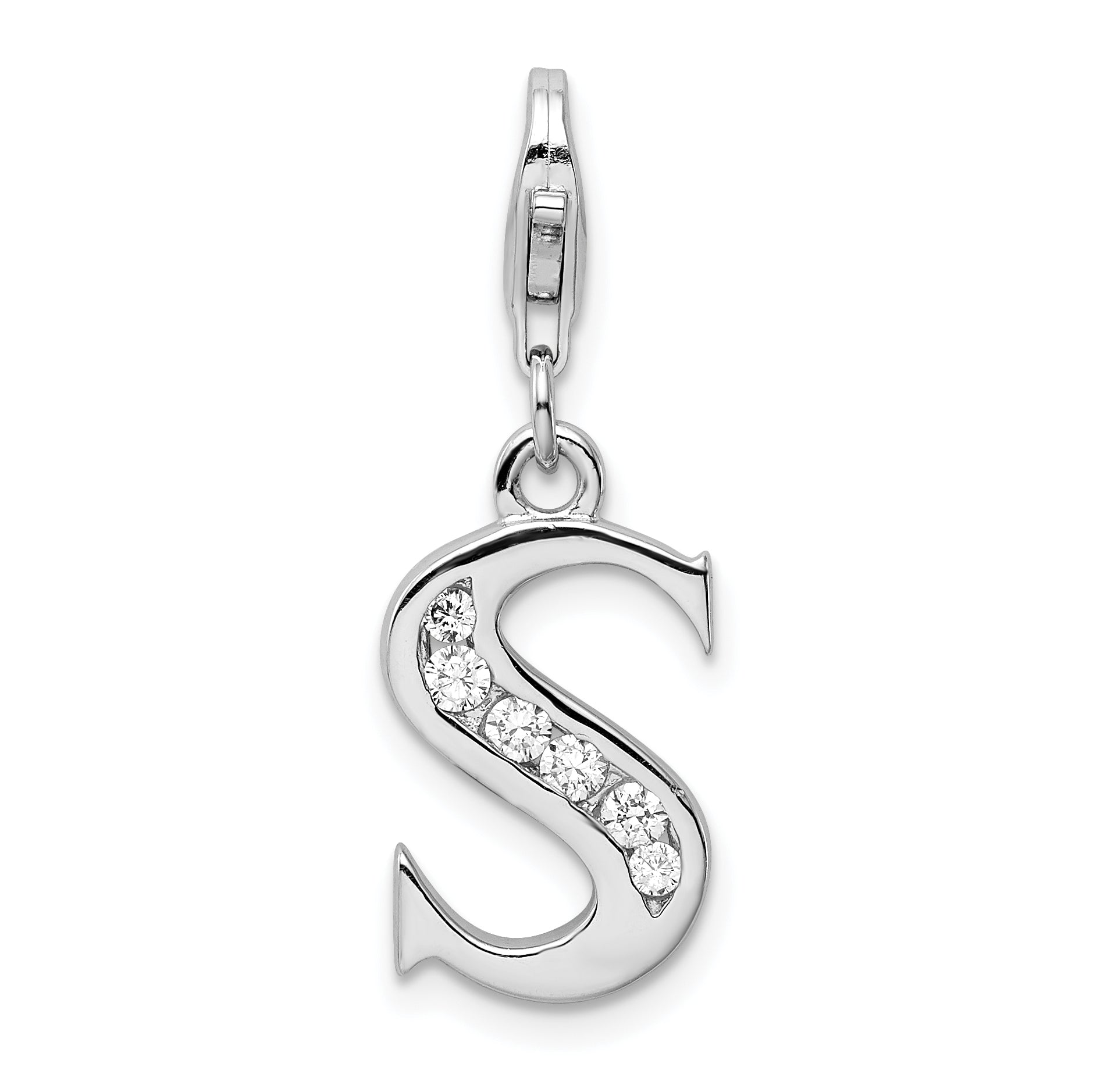Amore La Vita Sterling Silver Rhodium-plated Polished CZ Letter S Initial Charm with Fancy Lobster Clasp Main image