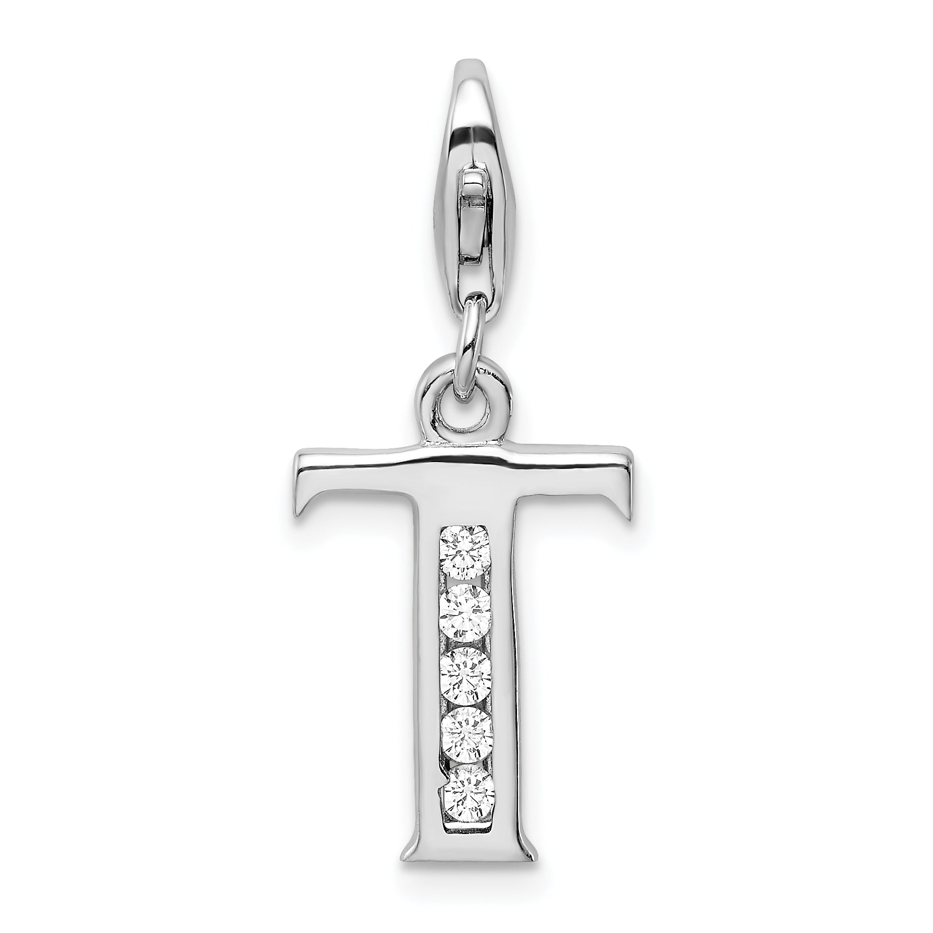 Amore La Vita Sterling Silver Rhodium-plated Polished CZ Letter T Initial Charm with Fancy Lobster Clasp Main image