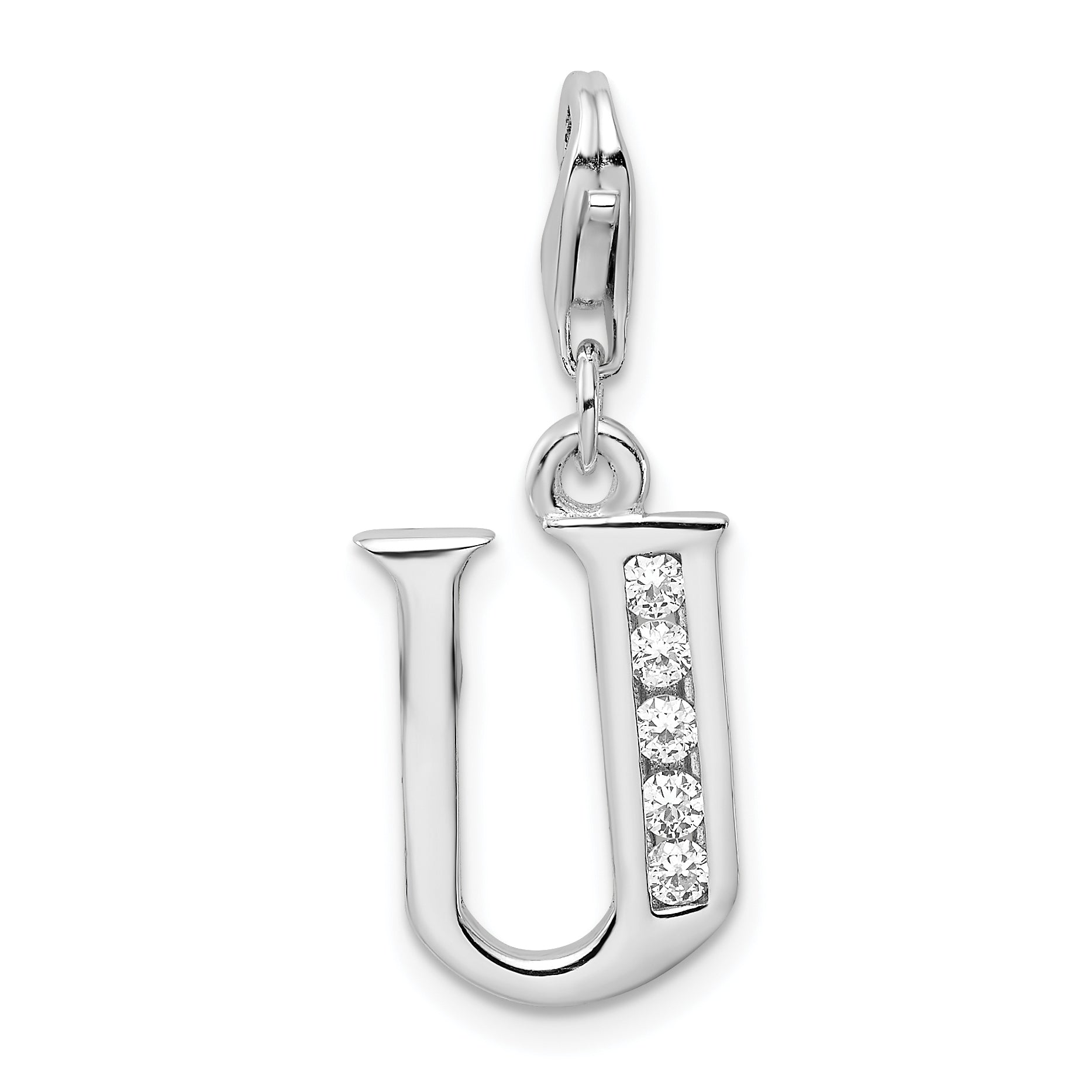 Amore La Vita Sterling Silver Rhodium-plated Polished CZ Letter U Initial Charm with Fancy Lobster Clasp Main image