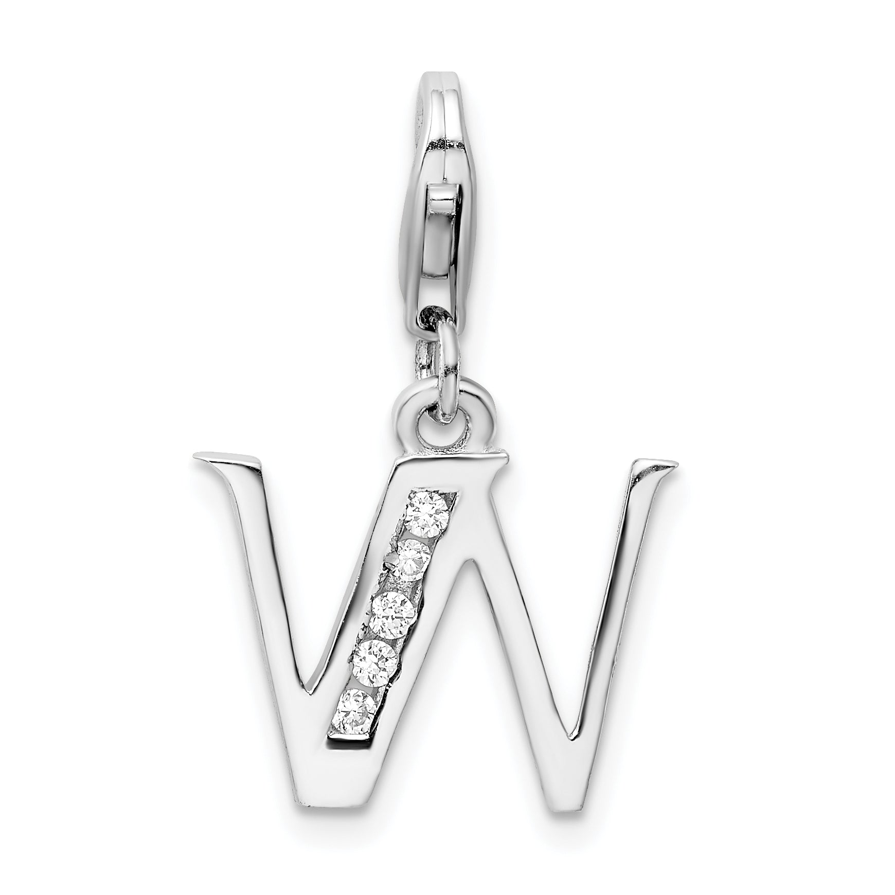 Amore La Vita Sterling Silver Rhodium-plated Polished CZ Letter W Initial Charm with Fancy Lobster Clasp Main image