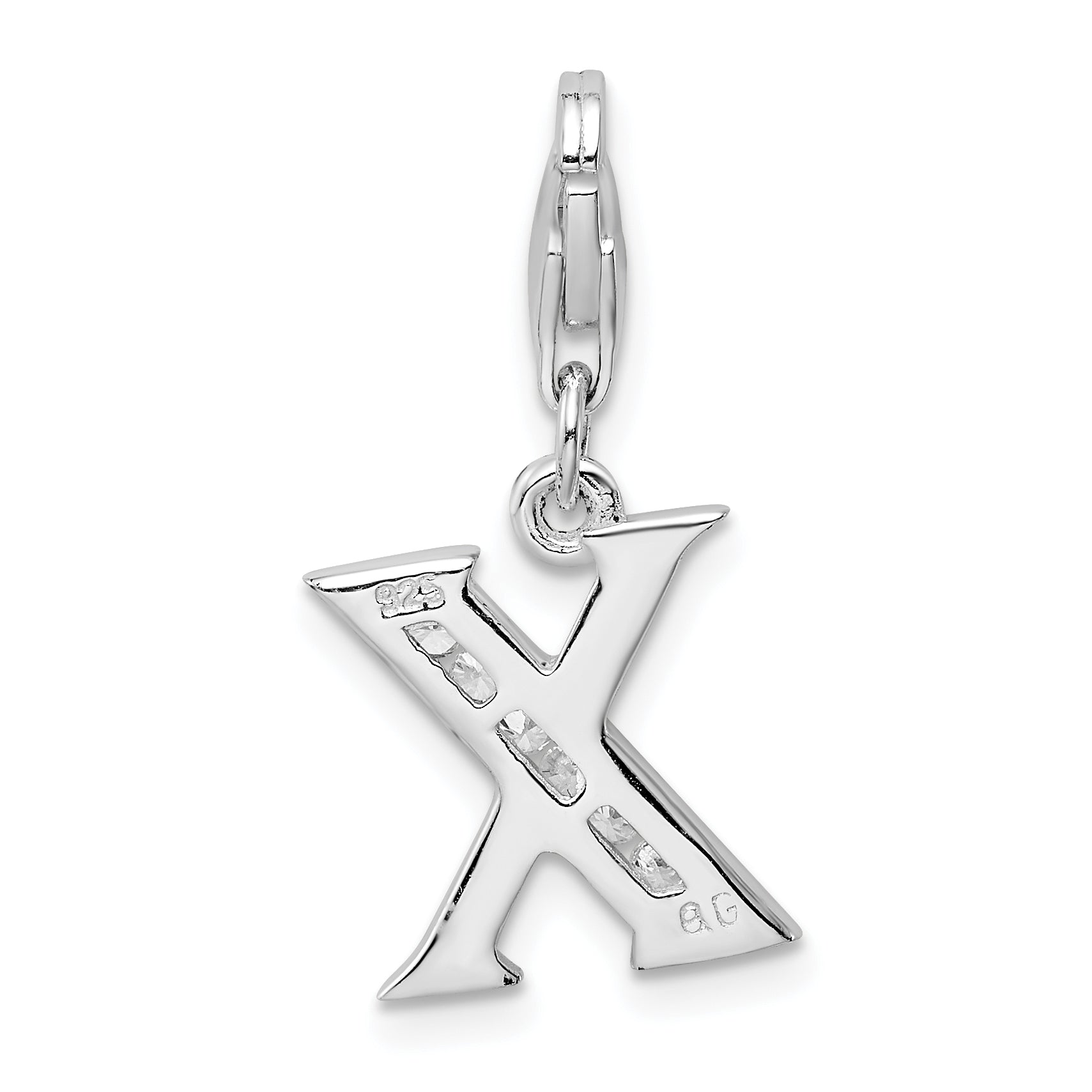 Sterling Silver CZ Initial X Charm with Rhodium Finish and Lobster Clasp