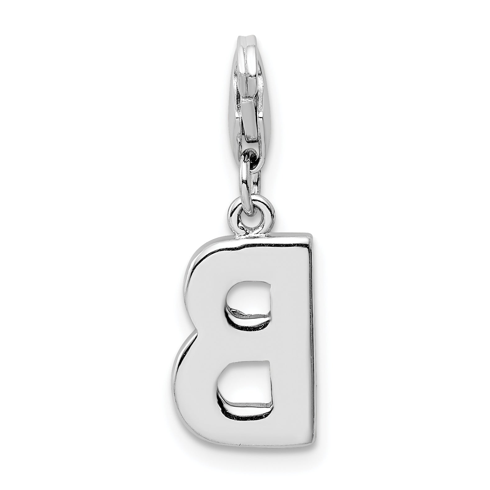 Sterling Silver CZ Initial B Charm with Rhodium Plating and Fancy Clasp