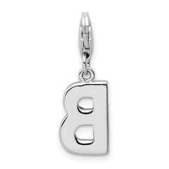 Sterling Silver CZ Initial B Charm with Rhodium Plating and Fancy Clasp