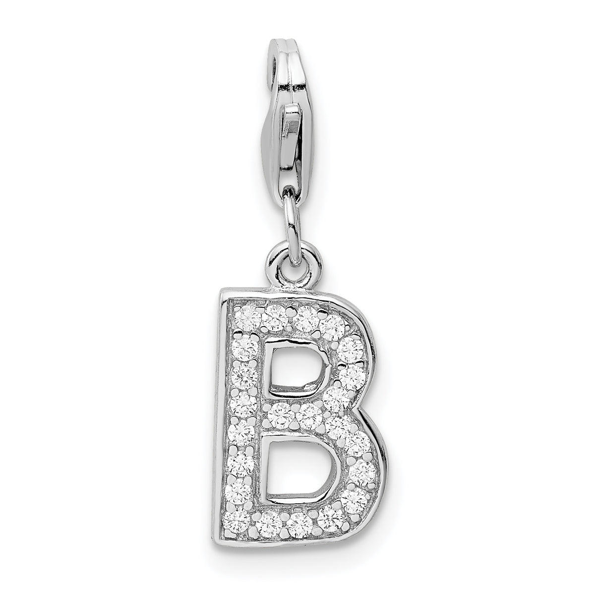 Amore La Vita Sterling Silver Rhodium-plated Polished CZ Letter B Initial Charm with Fancy Lobster Clasp
