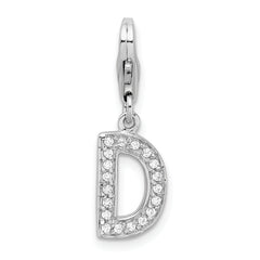 Amore La Vita Sterling Silver Rhodium-plated Polished CZ Letter D Initial Charm with Fancy Lobster Clasp