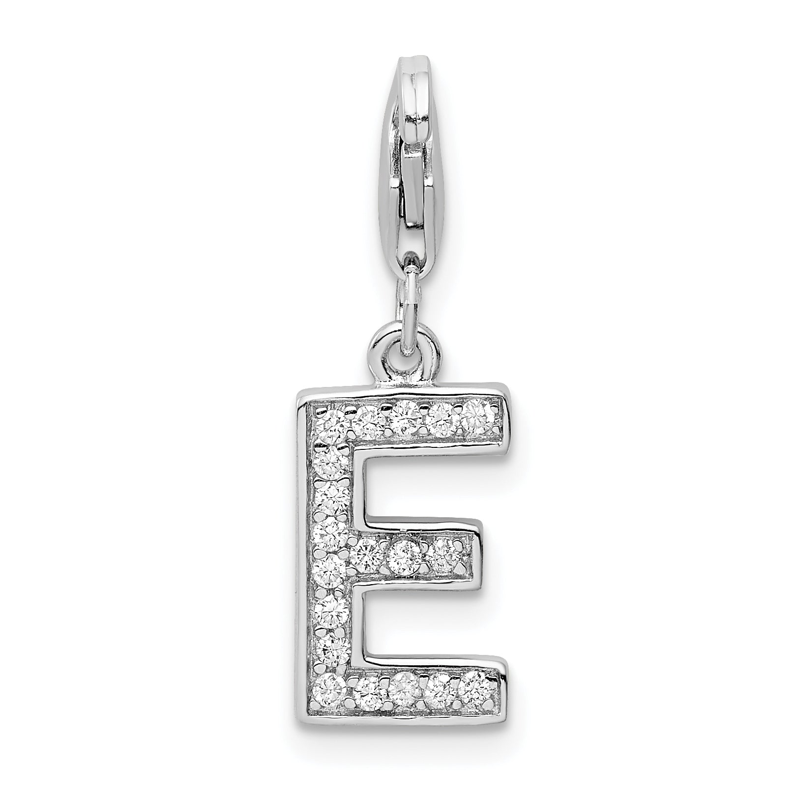 Amore La Vita Sterling Silver Rhodium-plated Polished CZ Letter E Initial Charm with Fancy Lobster Clasp Main image