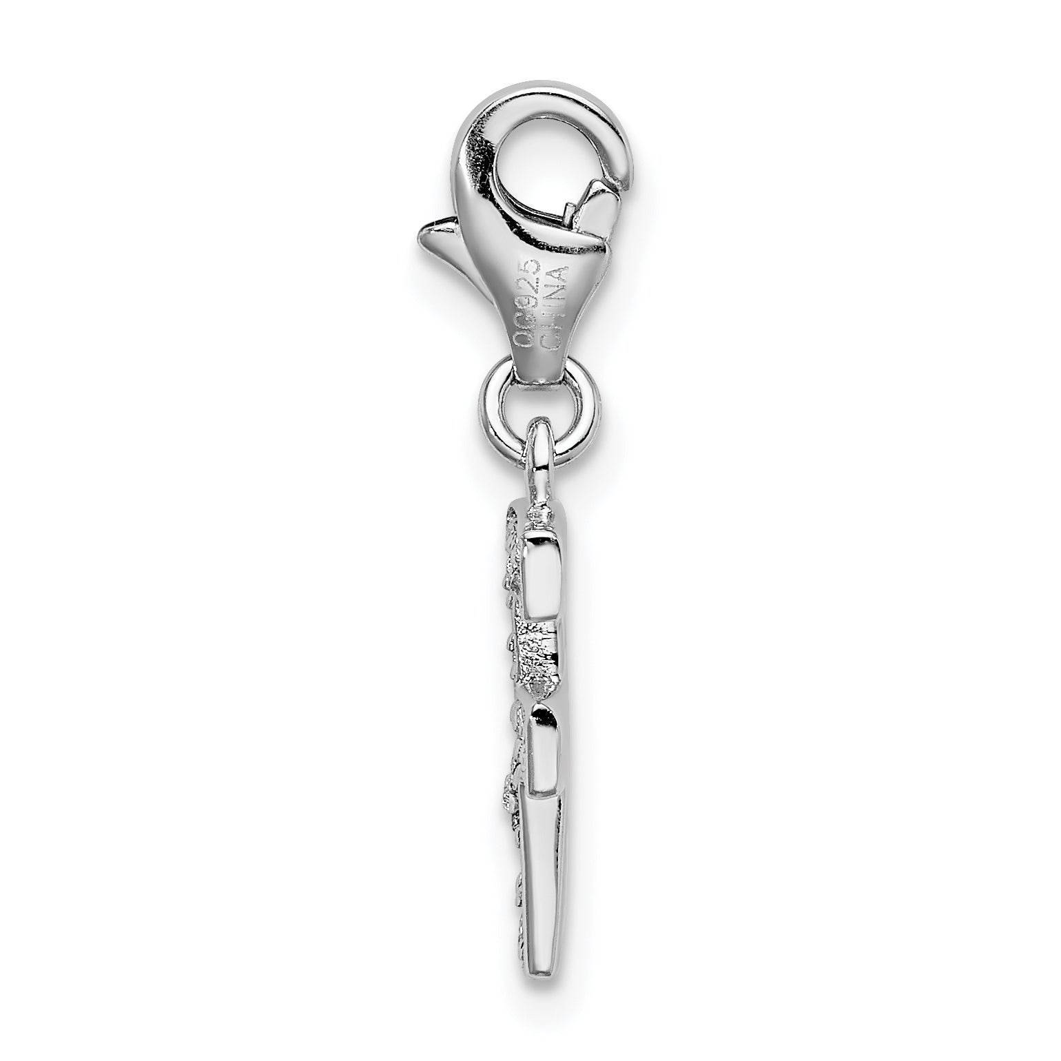Sterling Silver CZ Initial F Charm with Rhodium Plated Finish