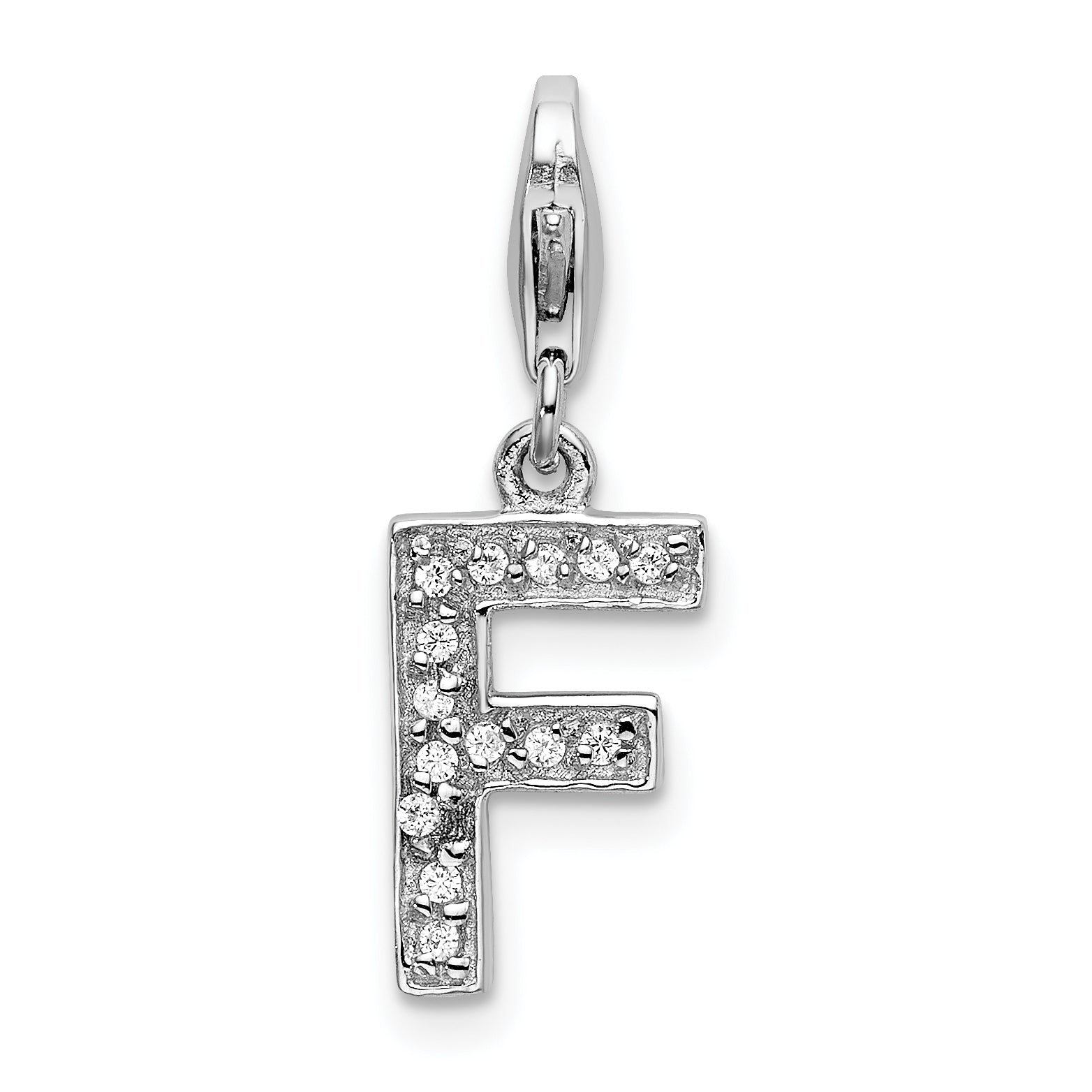Amore La Vita Sterling Silver Rhodium-plated Polished CZ Letter F Initial Charm with Fancy Lobster Clasp