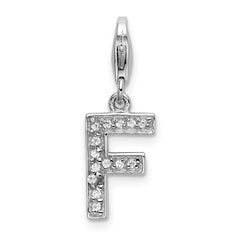 Amore La Vita Sterling Silver Rhodium-plated Polished CZ Letter F Initial Charm with Fancy Lobster Clasp
