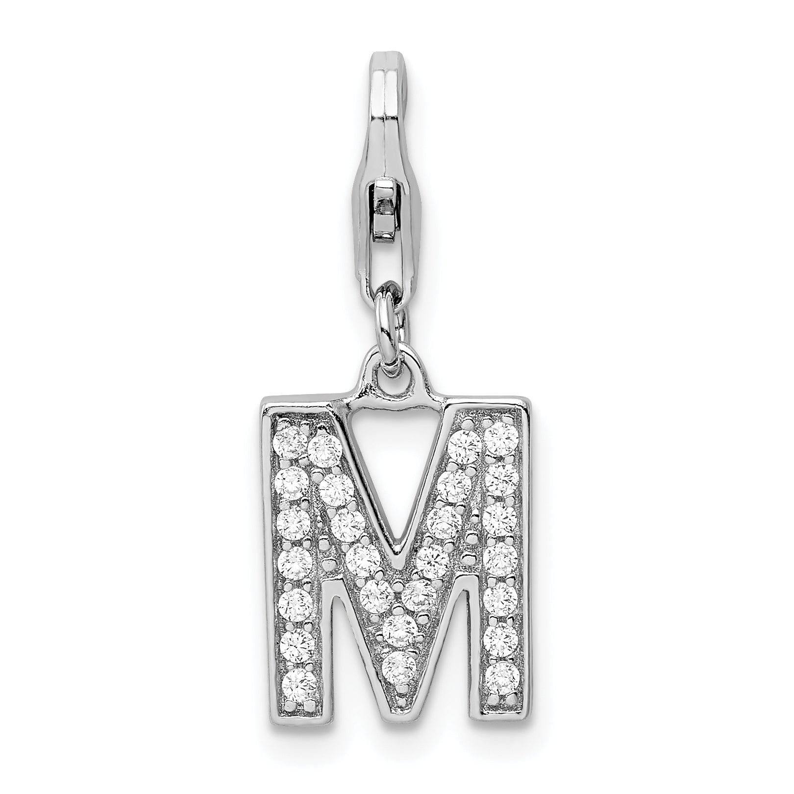 Amore La Vita Sterling Silver Rhodium-plated Polished CZ Letter M Initial Charm with Fancy Lobster Clasp Main image
