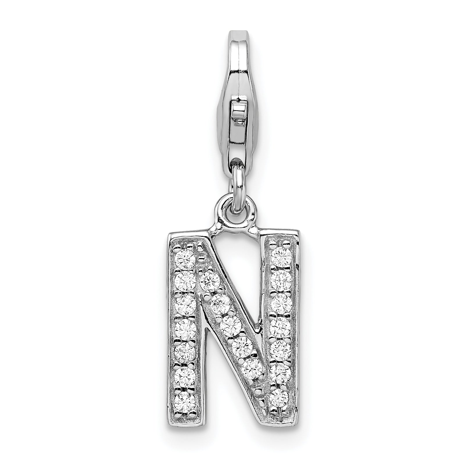 Amore La Vita Sterling Silver Rhodium-plated Polished CZ Letter N Initial Charm with Fancy Lobster Clasp Main image