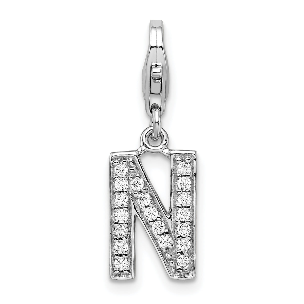 Amore La Vita Sterling Silver Rhodium-plated Polished CZ Letter N Initial Charm with Fancy Lobster Clasp