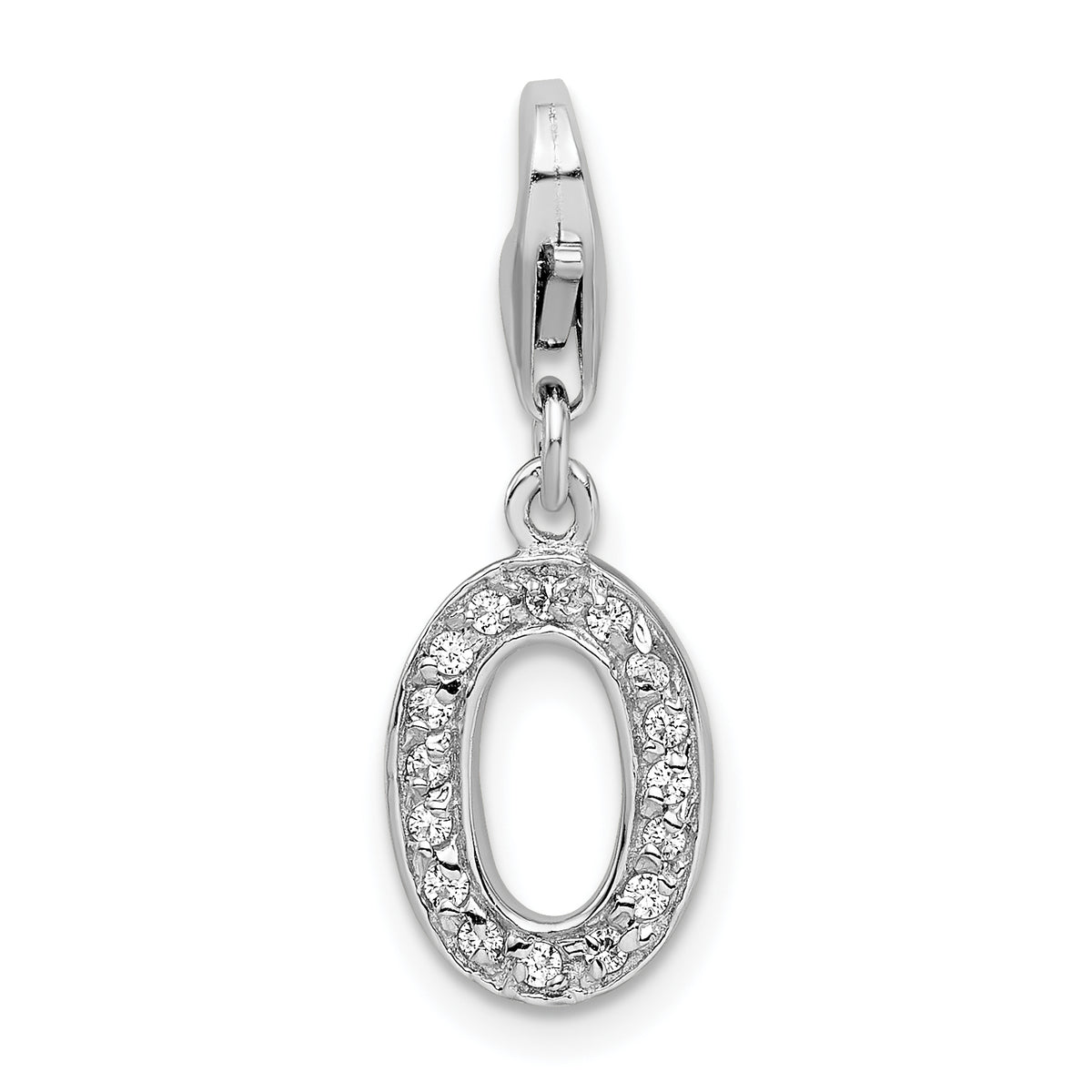 Amore La Vita Sterling Silver Rhodium-plated Polished CZ Letter O Initial Charm with Fancy Lobster Clasp