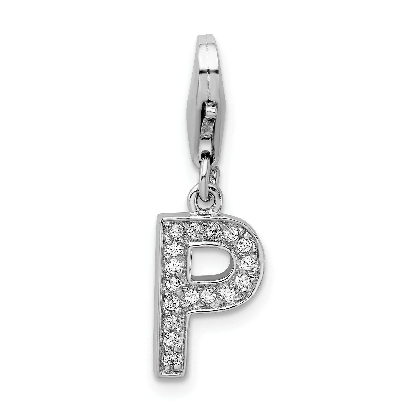 Amore La Vita Sterling Silver Rhodium-plated Polished CZ Letter P Initial Charm with Fancy Lobster Clasp
