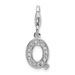 Amore La Vita Sterling Silver Rhodium-plated Polished CZ Letter Q Initial Charm with Fancy Lobster Clasp