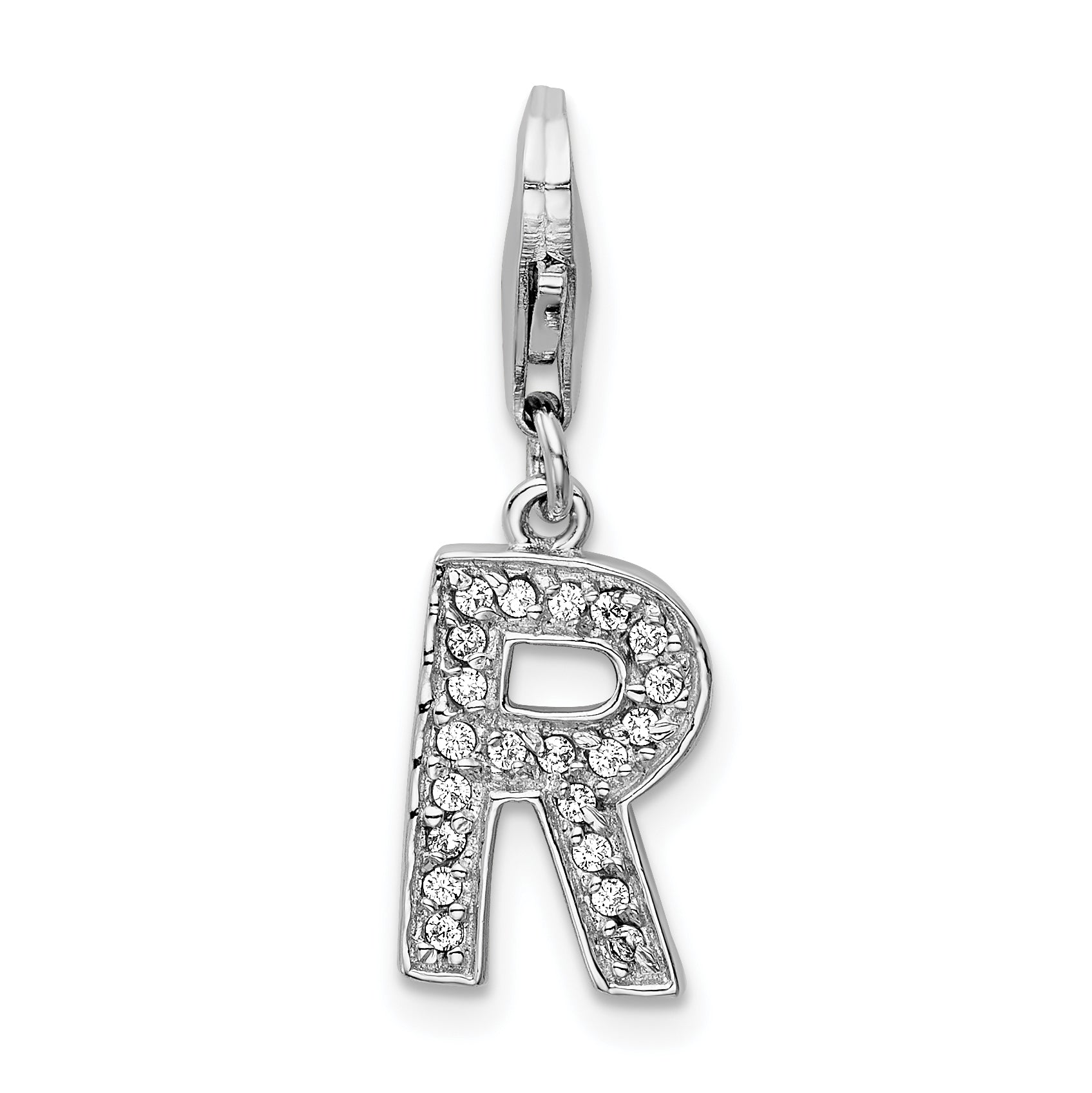 Amore La Vita Sterling Silver Rhodium-plated Polished CZ Letter R Initial Charm with Fancy Lobster Clasp Main image